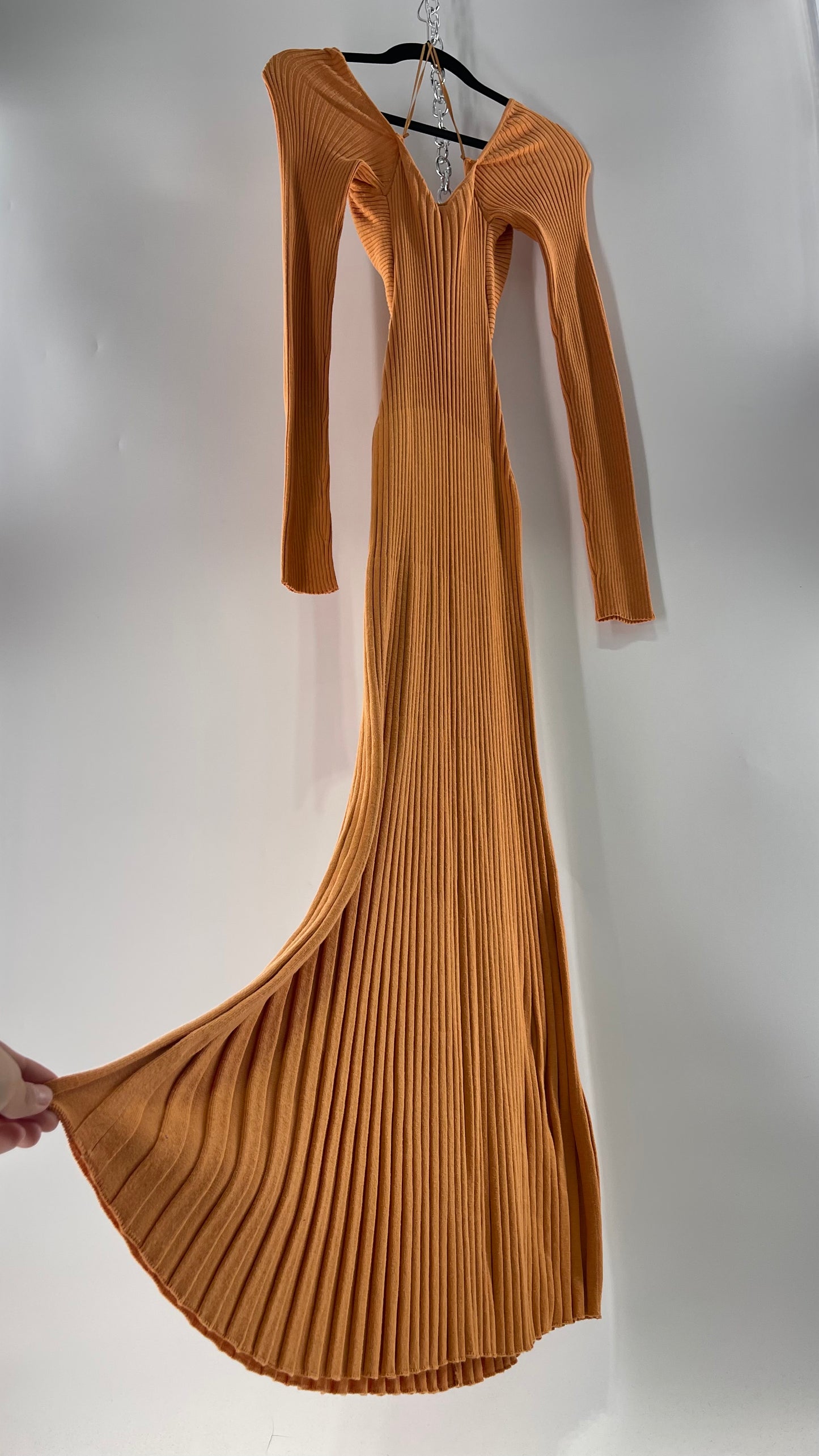 Free People Orange Ribbed Knit Maxi Dress with Cross Over Exposed Midriff Dress (Medium)