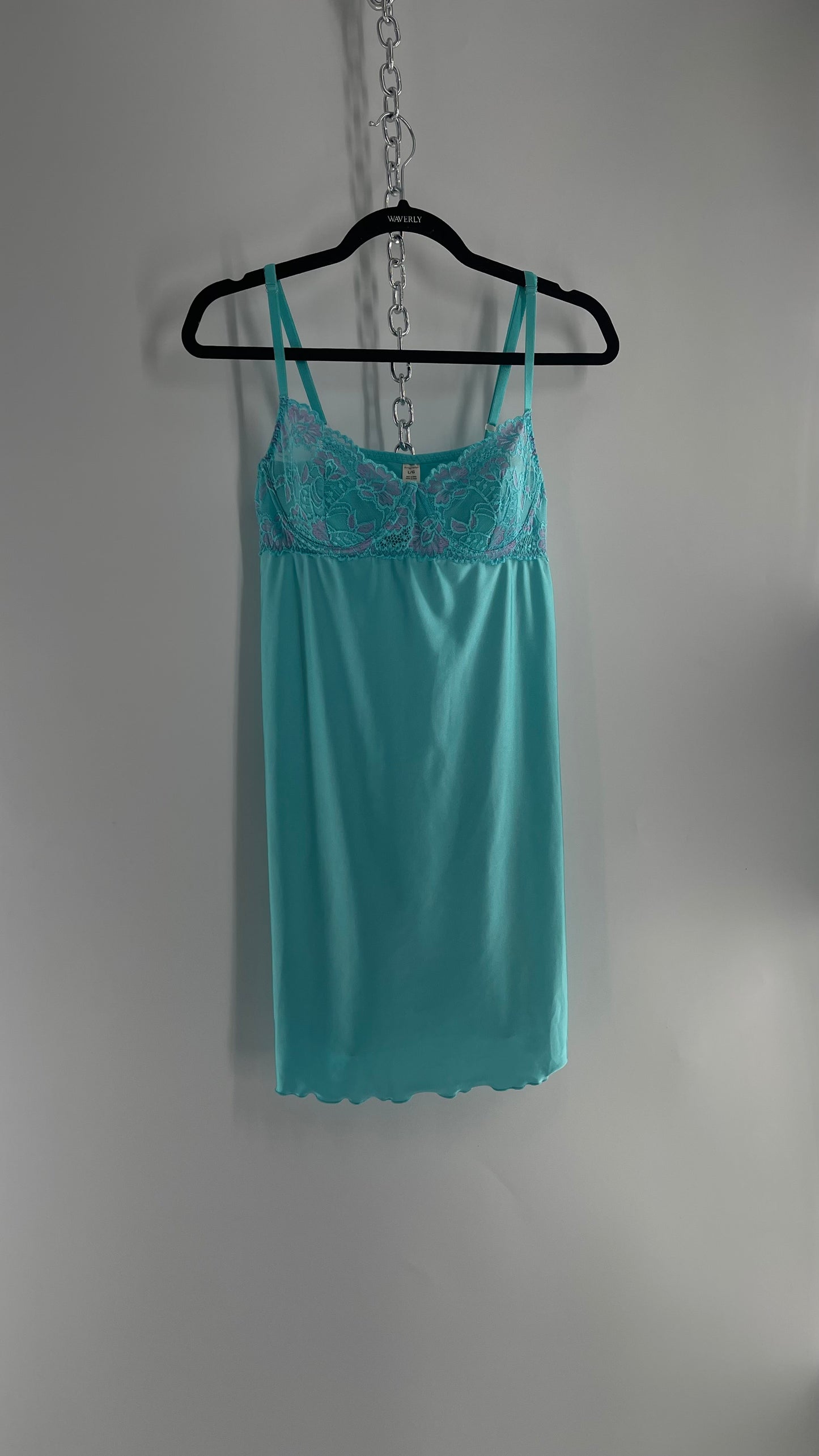 Vintage Baby Blue Balconette Mini Dress with Lace Cups and Purple Details (Large)