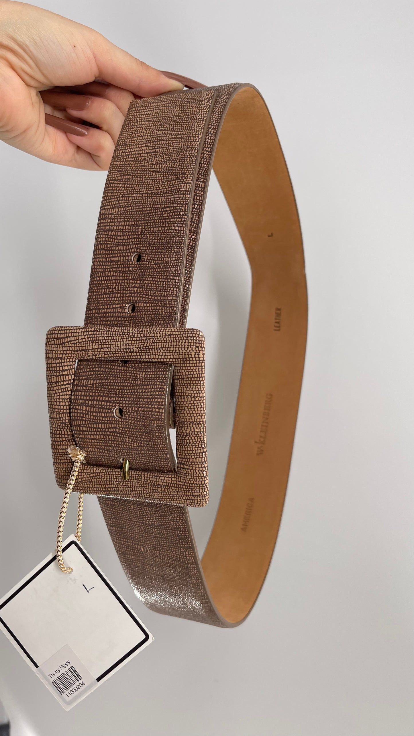 W. Kleinberg Genuine Tan Leather Textured Belt with Square Covered Buckle (Large)