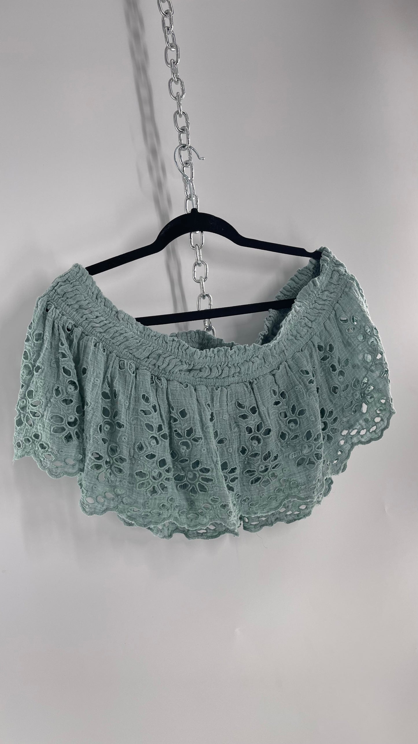 Free People Eyelet Cotton Teal Blue Off the Shoulder Ruffle Bandeau (Medium)
