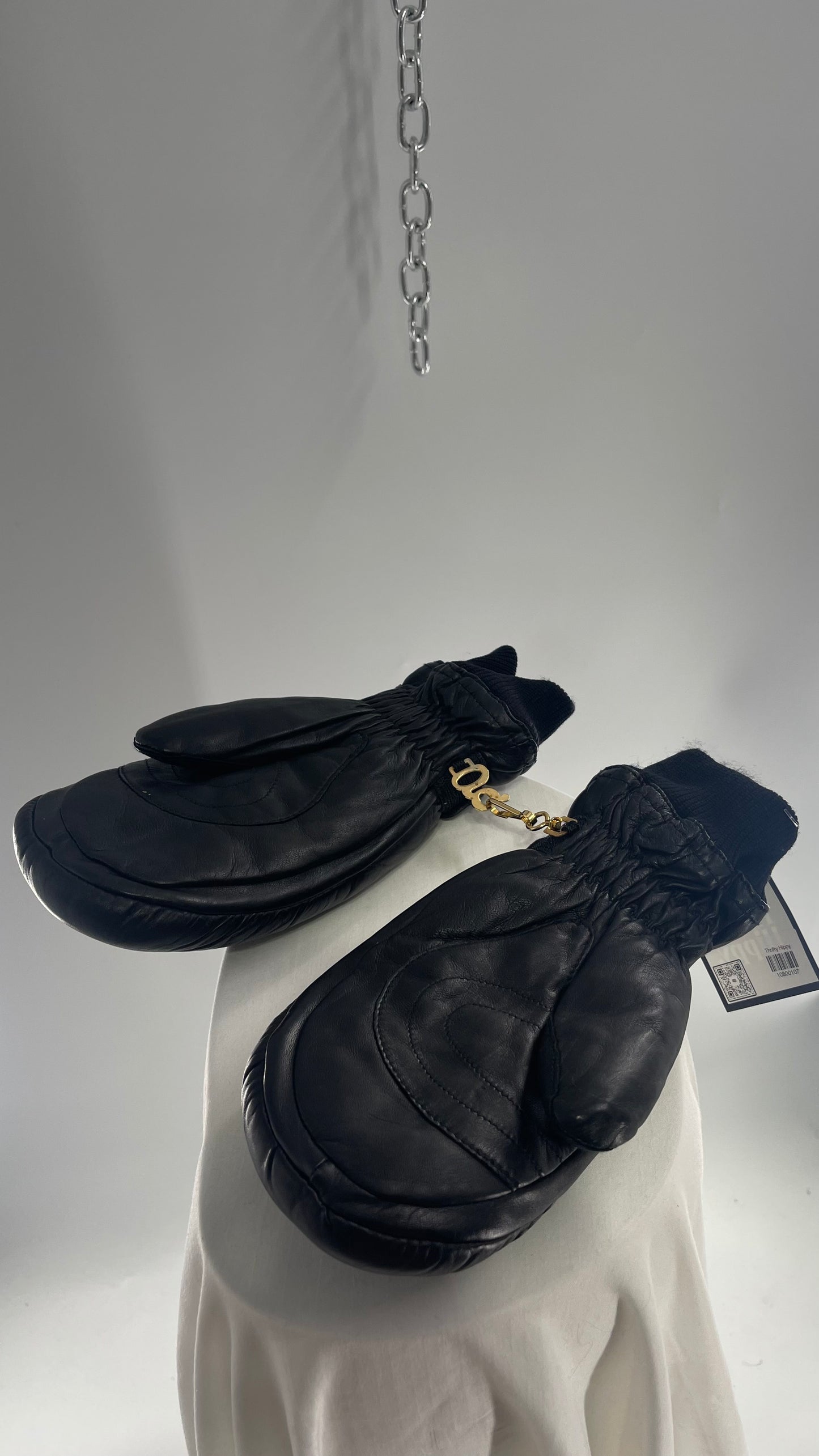 Grandoe Black Leather Mittens with Branding and Gold Logo Link