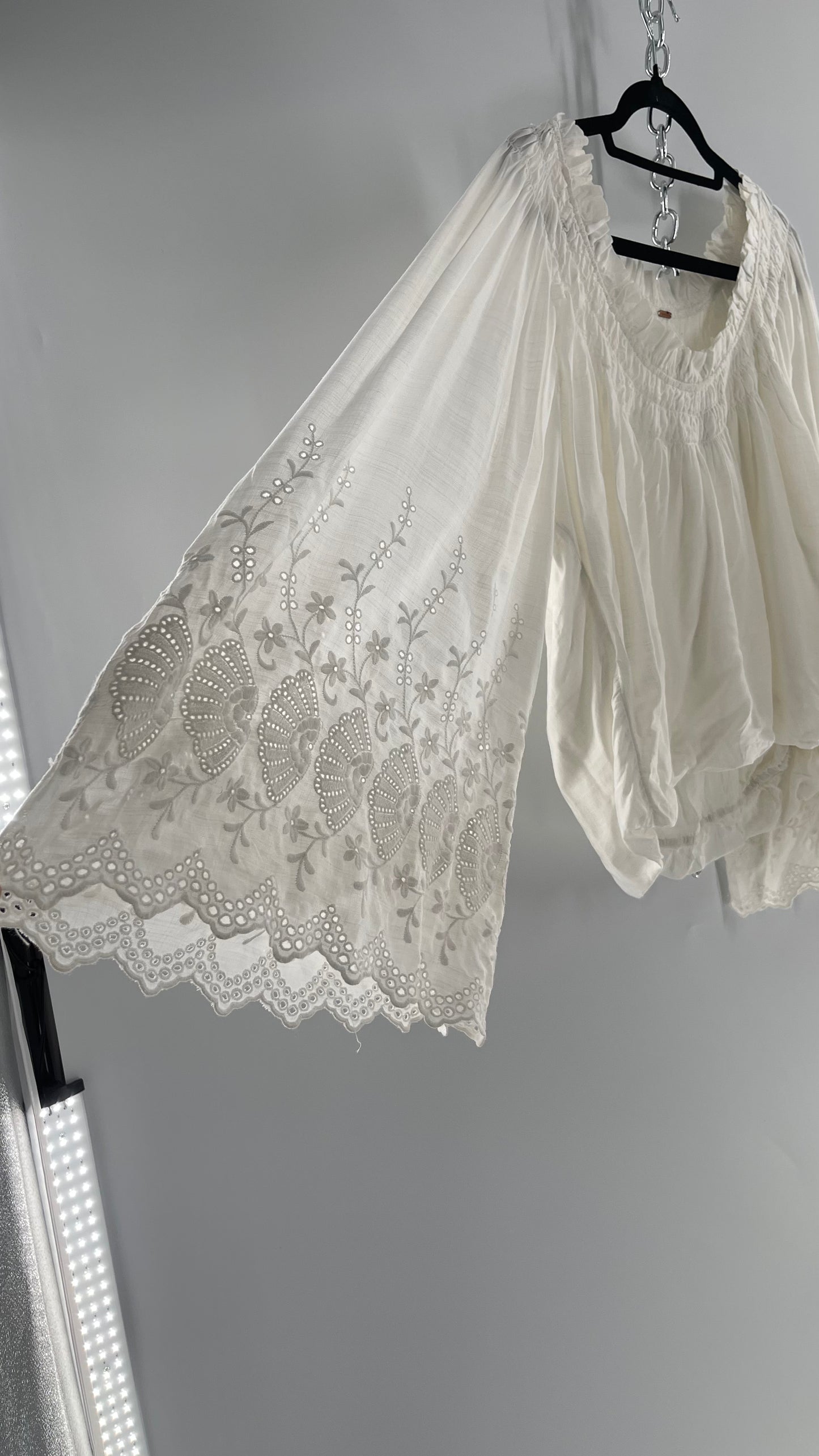Free People White Bubble Hem Blouse with Linen Embroidered Bell Sleeves (Medium)