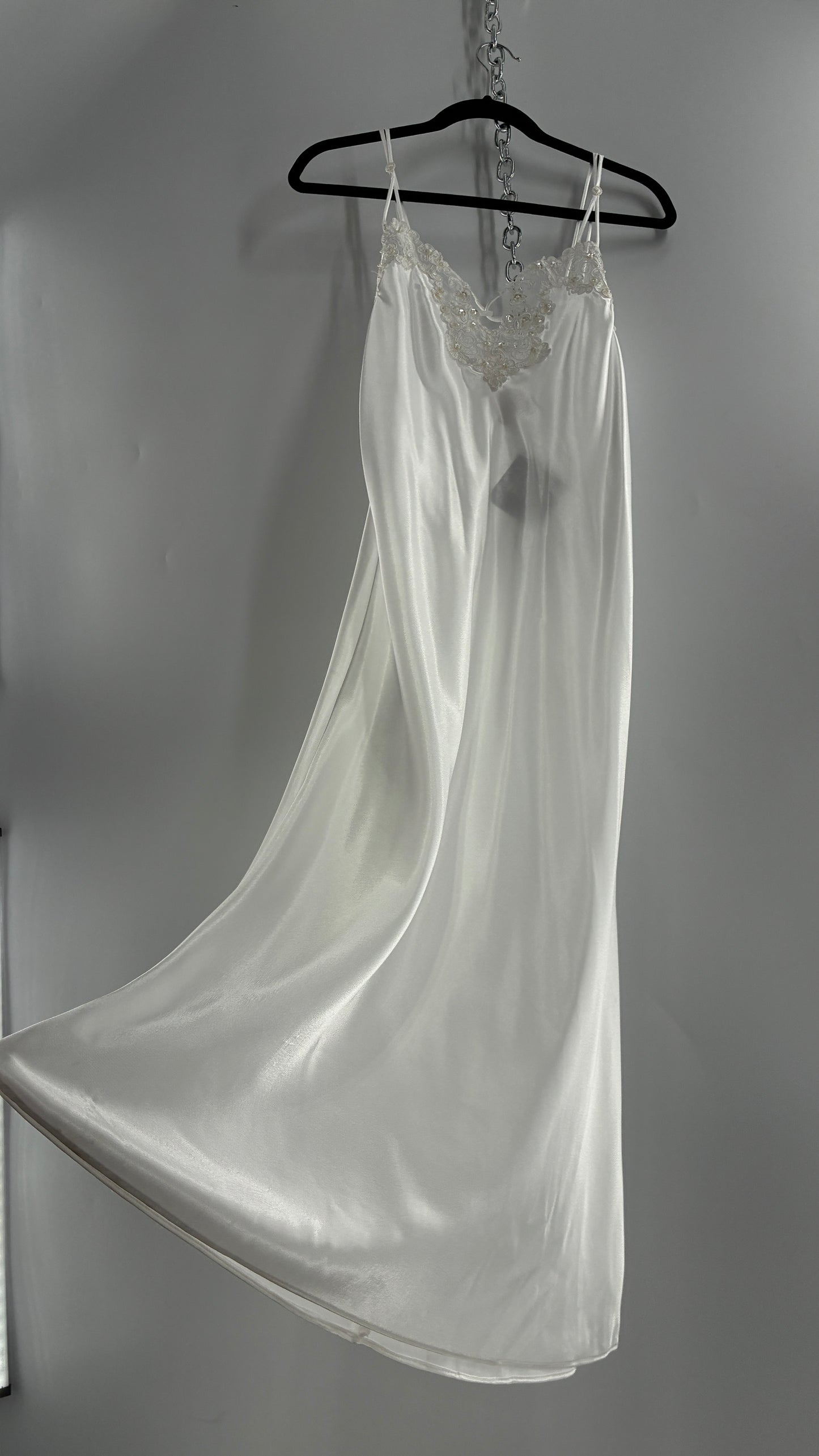 Vintage California Dynasty White Glossy, Silky Night Gown Style Dress with Sequined Lace Bustline (Small)