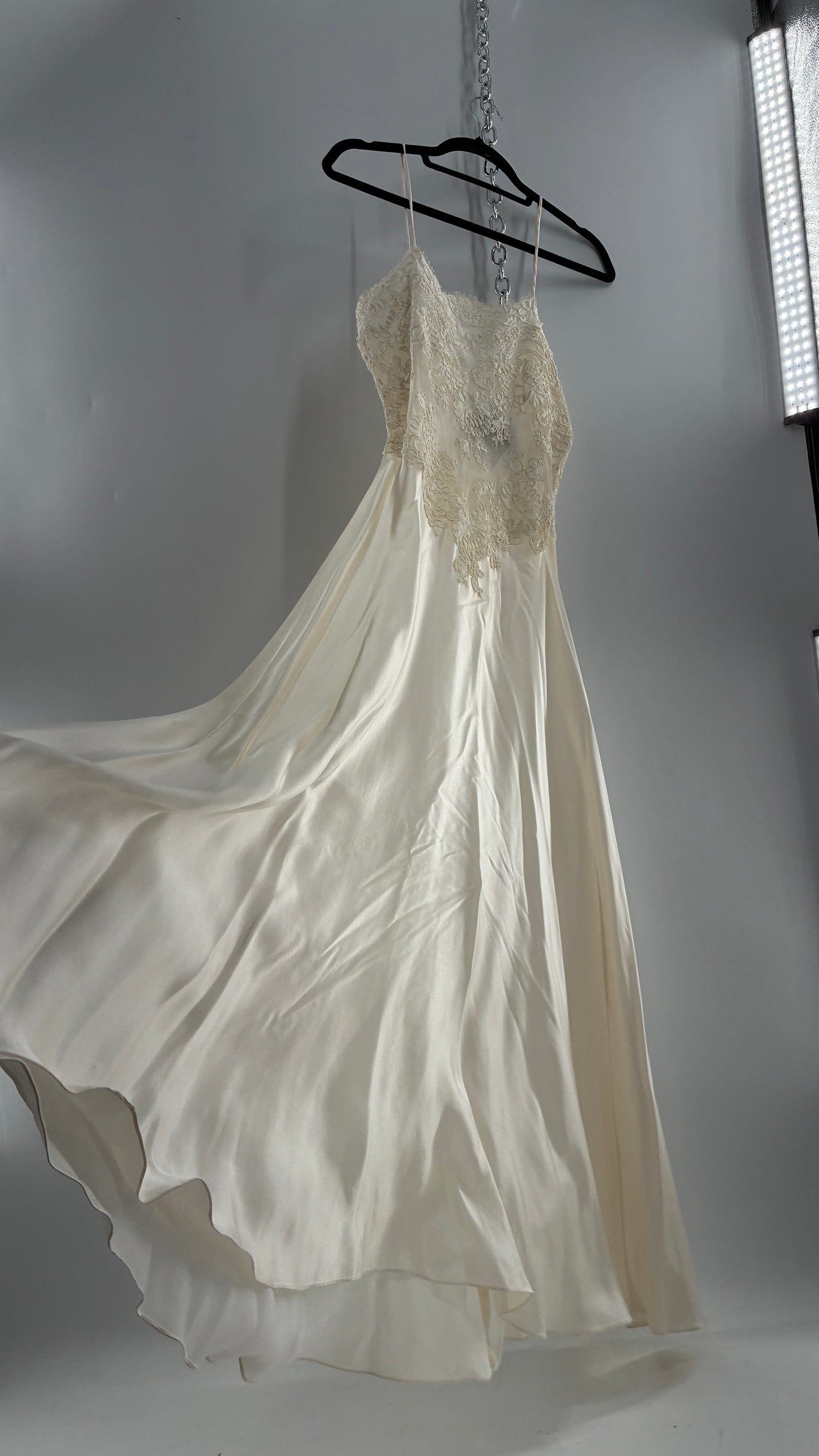 Vintage JONQUIL 100% Silk Gown with Heavy Lace Appliqués and Low Cut Sheer Back (Medium)