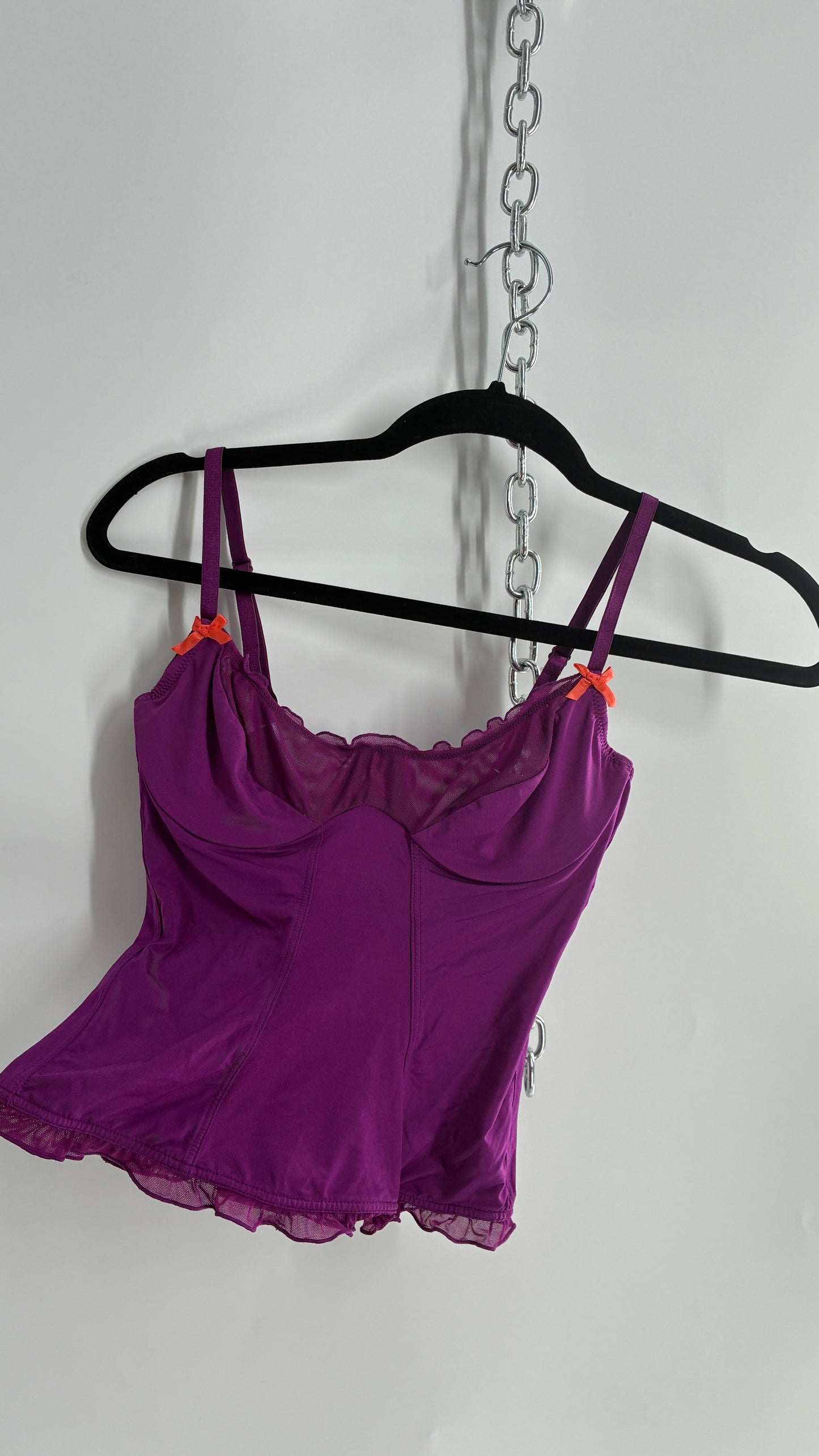 Vintage 1990s Purple Underwire Camisole Top with Sheer Ruffled Trim and Contrast Bow (Small)