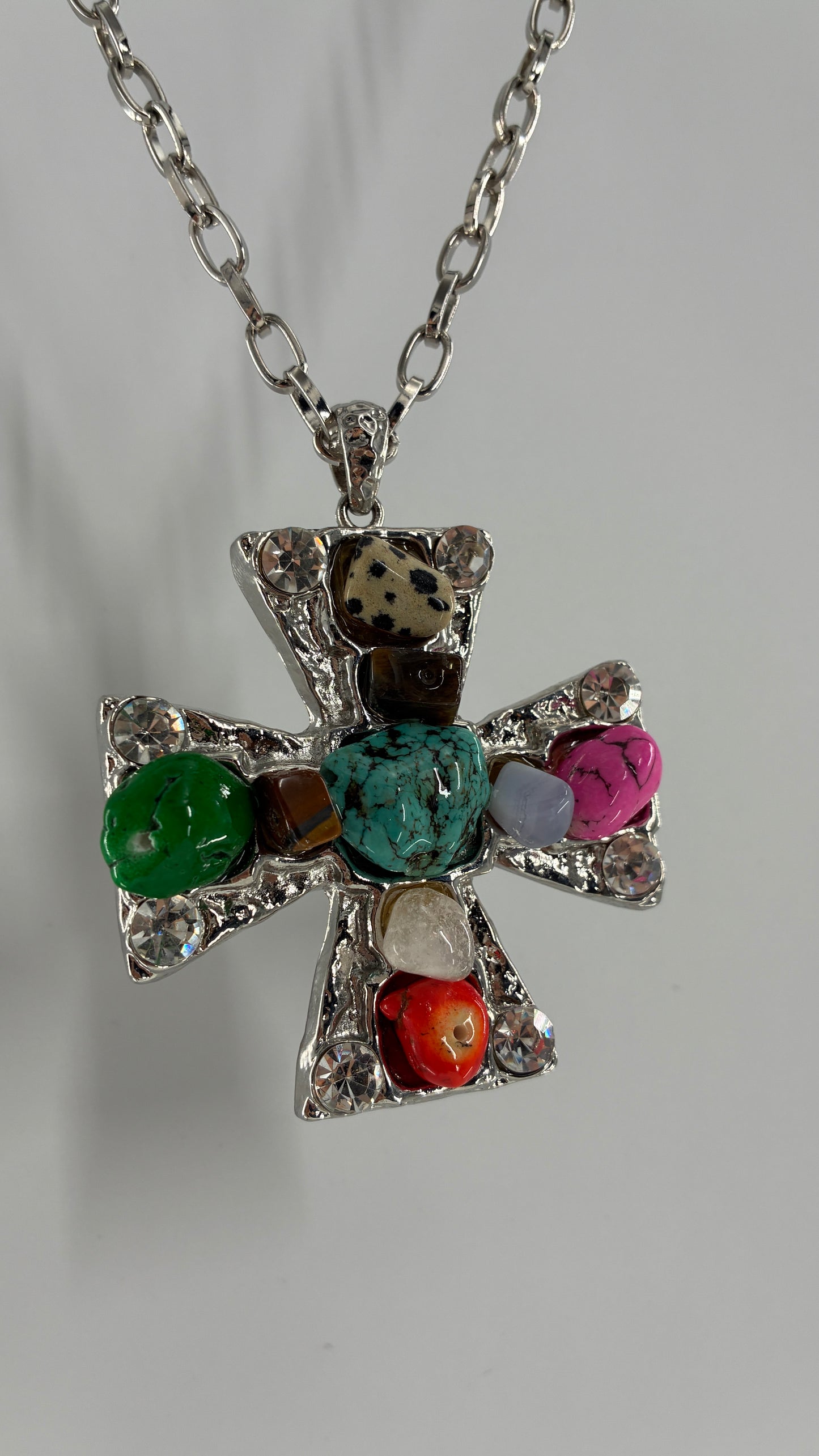 Vintage Silver Heavy Chain Necklace with Hammered Cross Covered in Stones and Rhinestones