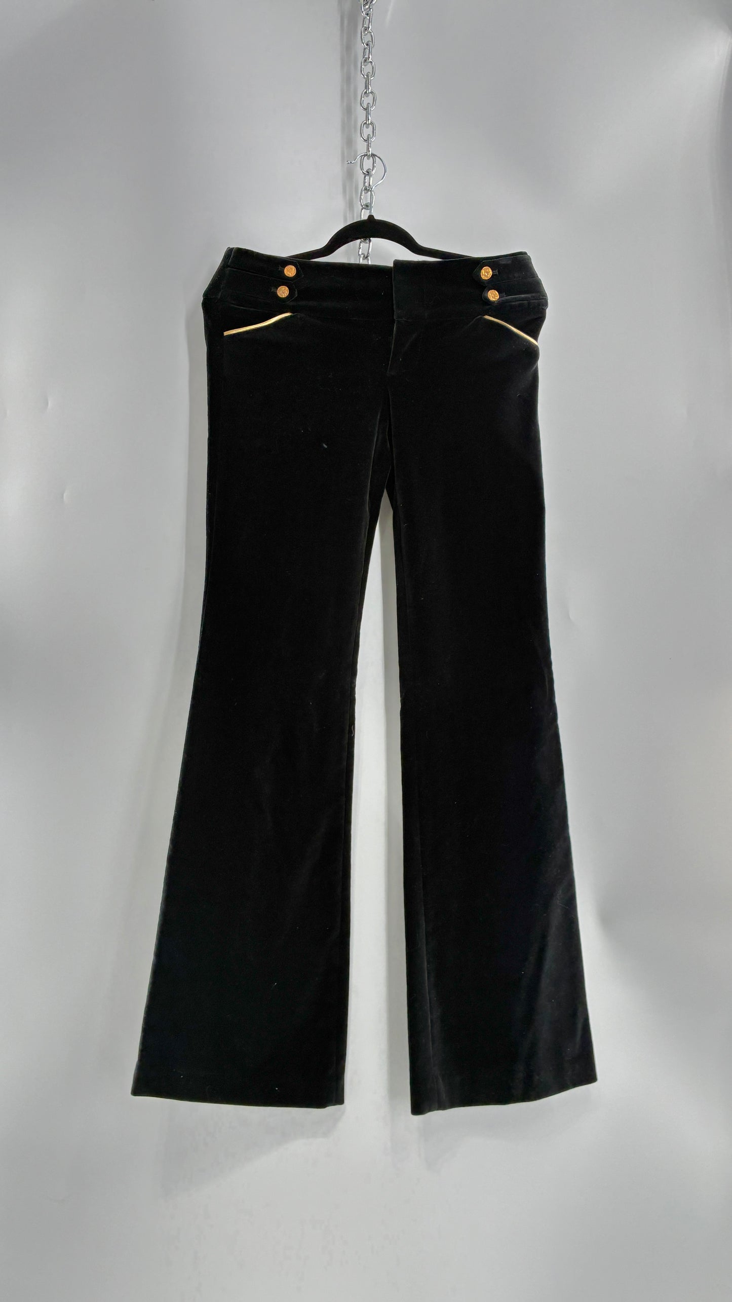 Vintage Alice + Olivia Thick Black Velour Low Rise Kickflare Pants with Thick Waistband with Gold Coin Detailing (6)