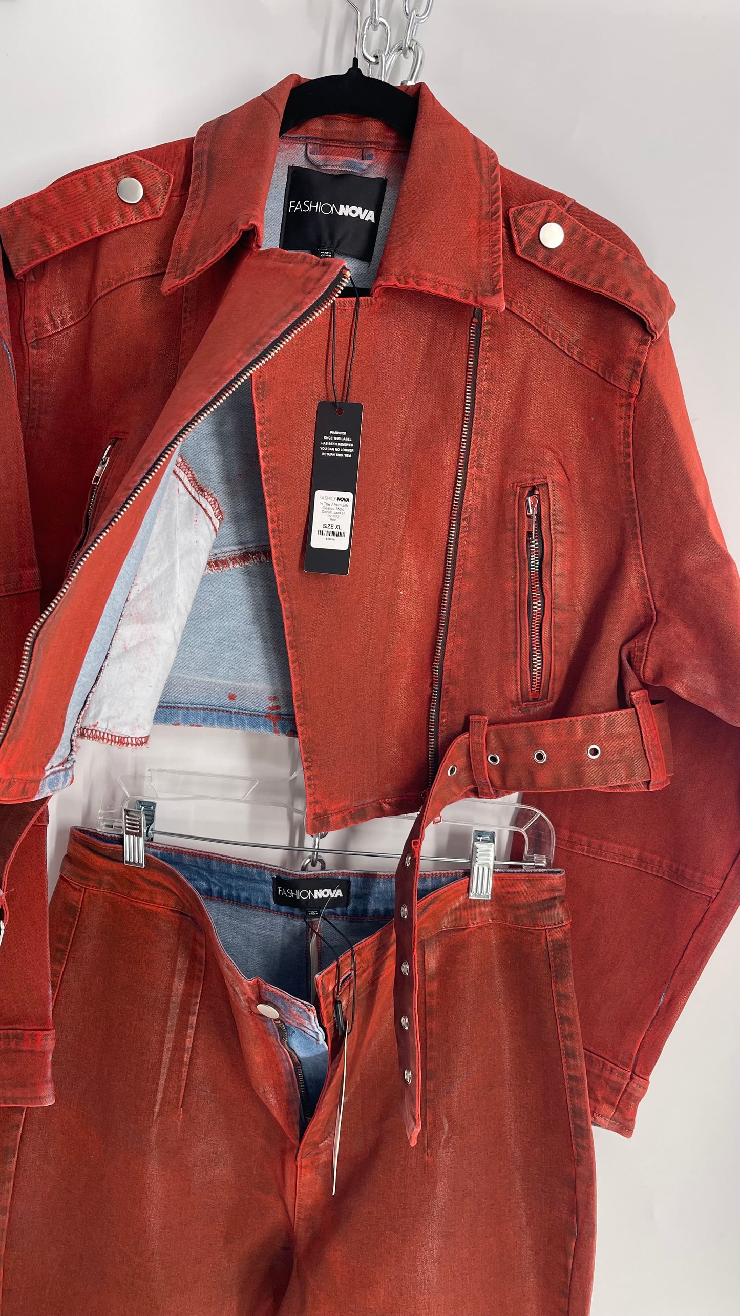 Fashion Nova Red Waxed Denim Cropped Motorcycle Jacket with Flared Jean Set and Tags Attached (XL/15)