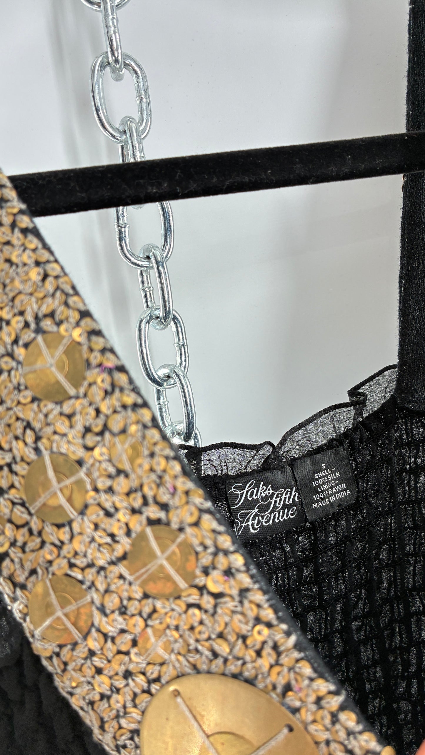 Vintage SAKS FIFTH AVENUE Black 100% Silk Camisole with Heavily Beaded Bronze Appliqué Strap (Small)