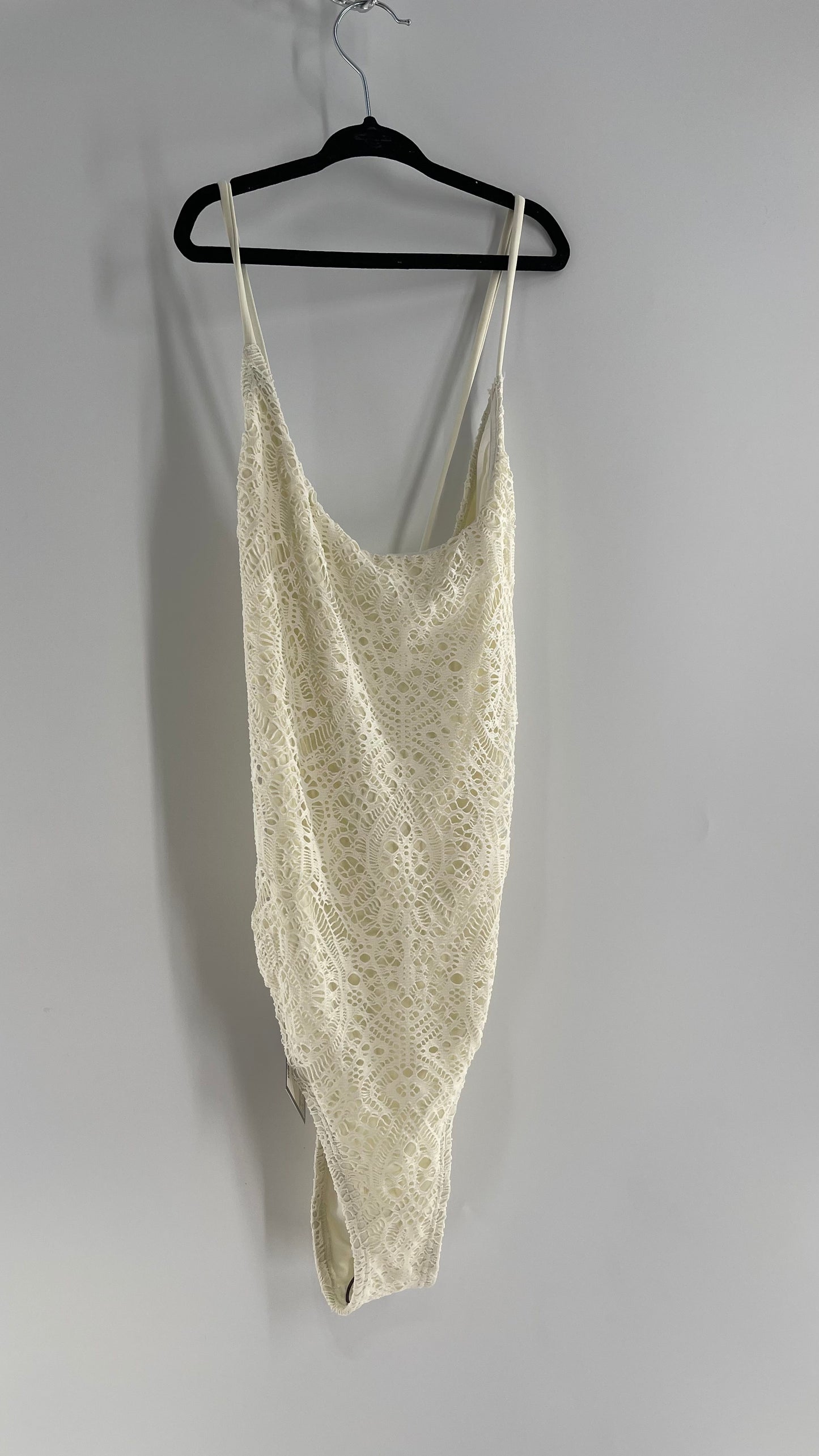 Urban Outfitters White Lace/Crochet Swimsuit with Lace Up Open Back (Medium)