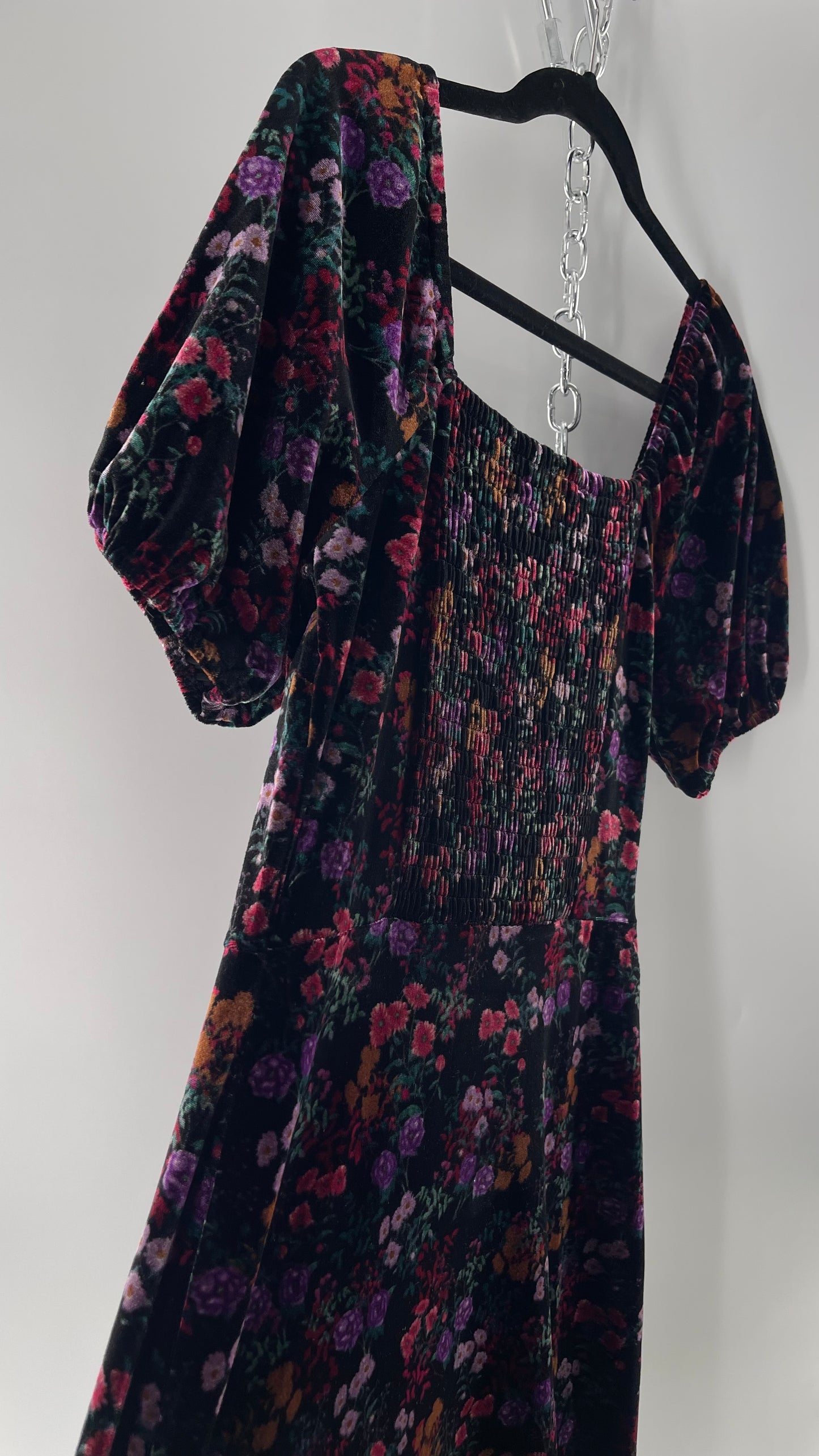 LOFT Velvet Dark Floral Full Length Dress with Puff Sleeves and Smocked Back with Tags Attached (8)
