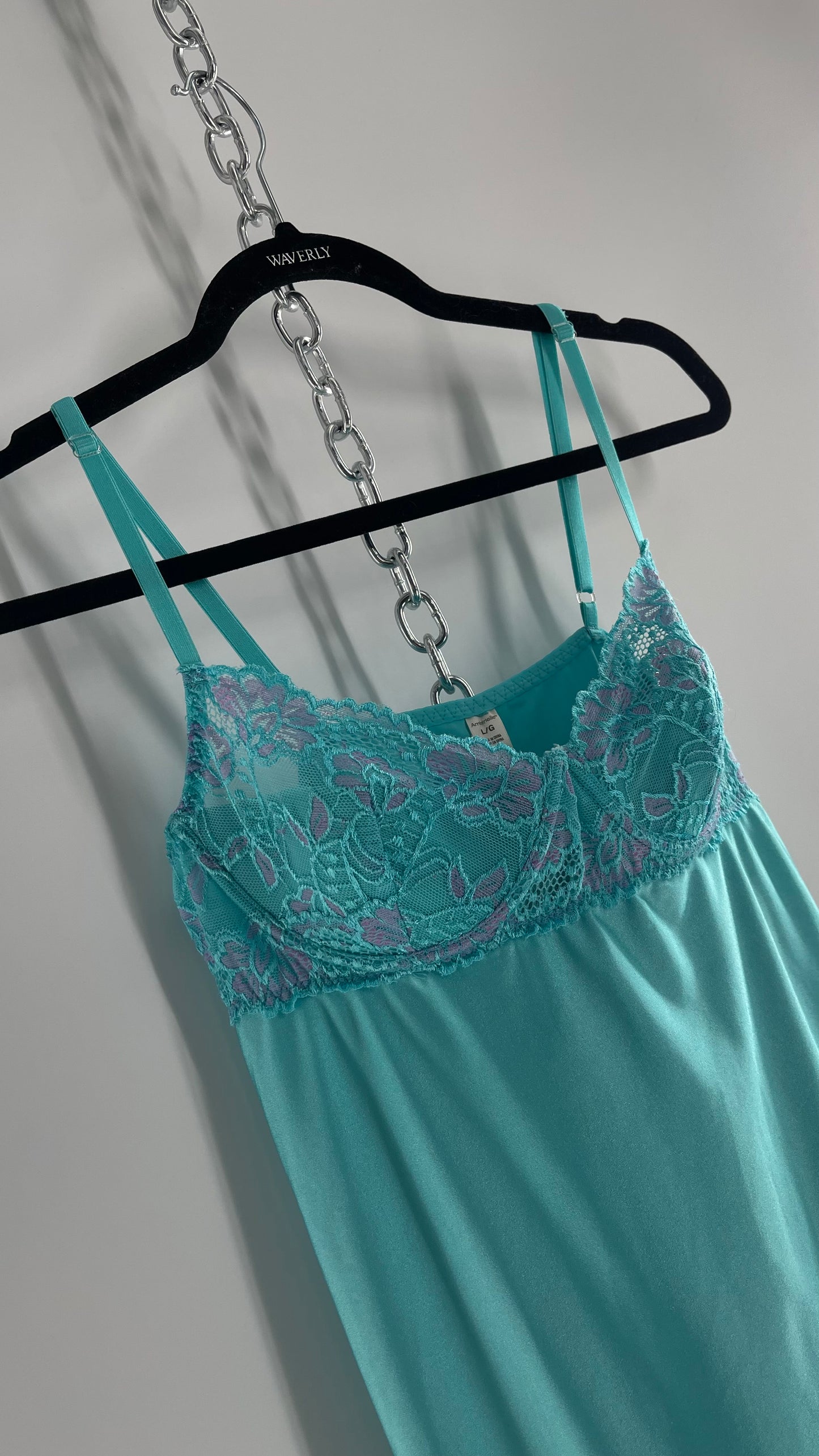 Vintage Baby Blue Balconette Mini Dress with Lace Cups and Purple Details (Large)