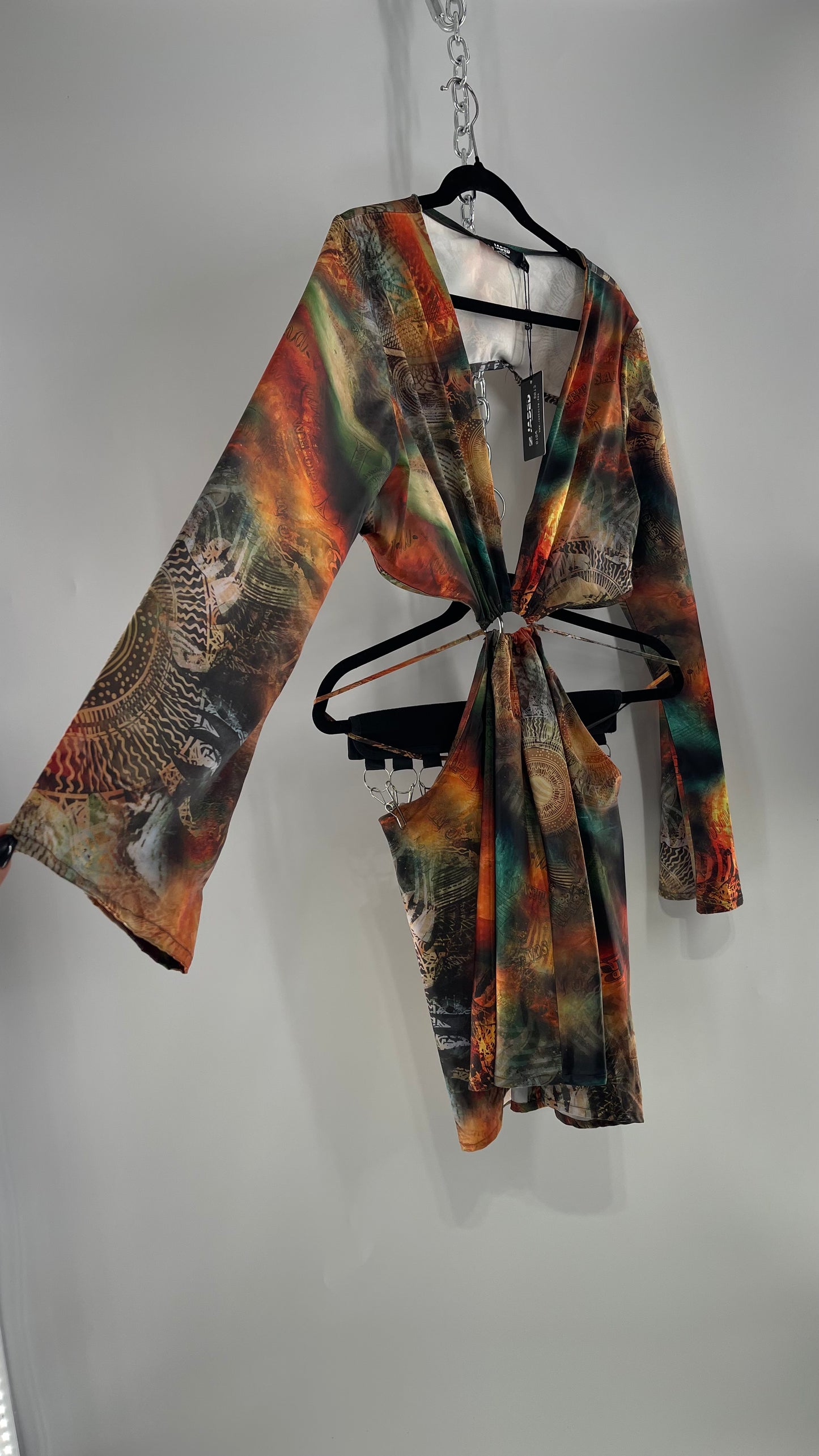Jaded London Graphic Green, Orange, Yellow Dress with Bell Sleeves, Cut Out Waist and Straps (10)