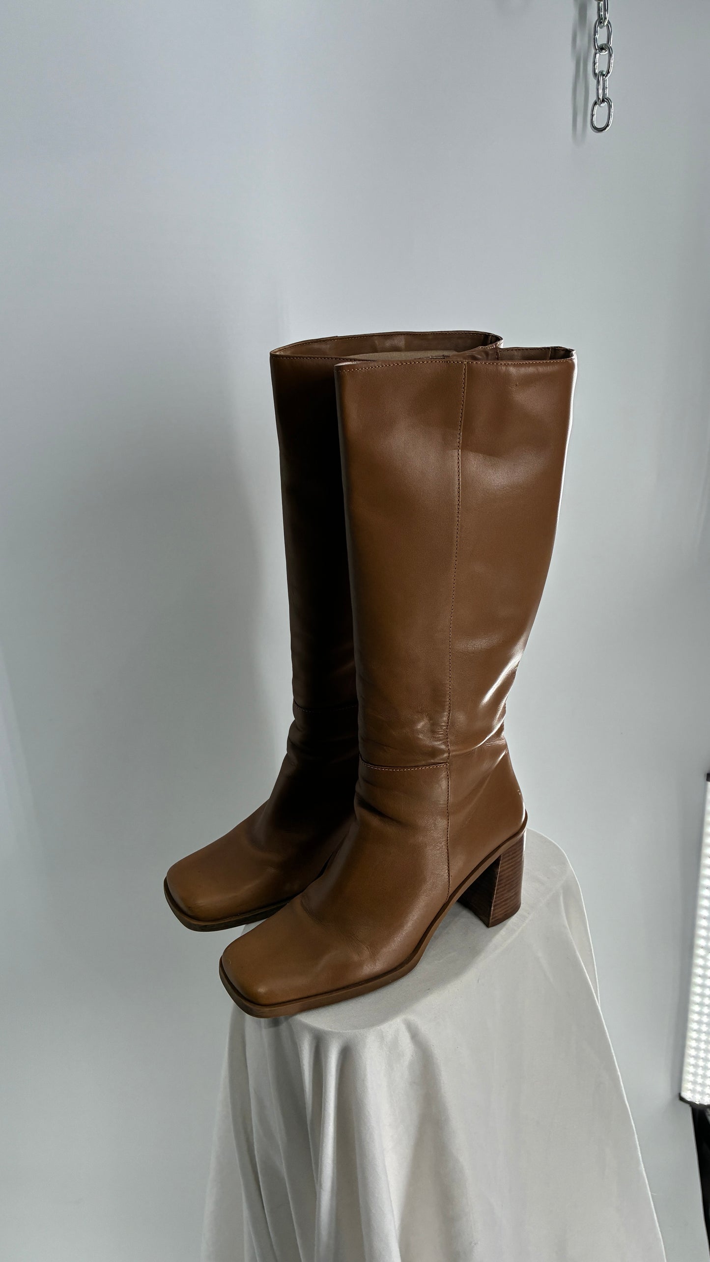 Vintage Strive Genuine Leather Square Toe Knee High Boots with Chunky Block Heel Made in Uruguay (9.5)