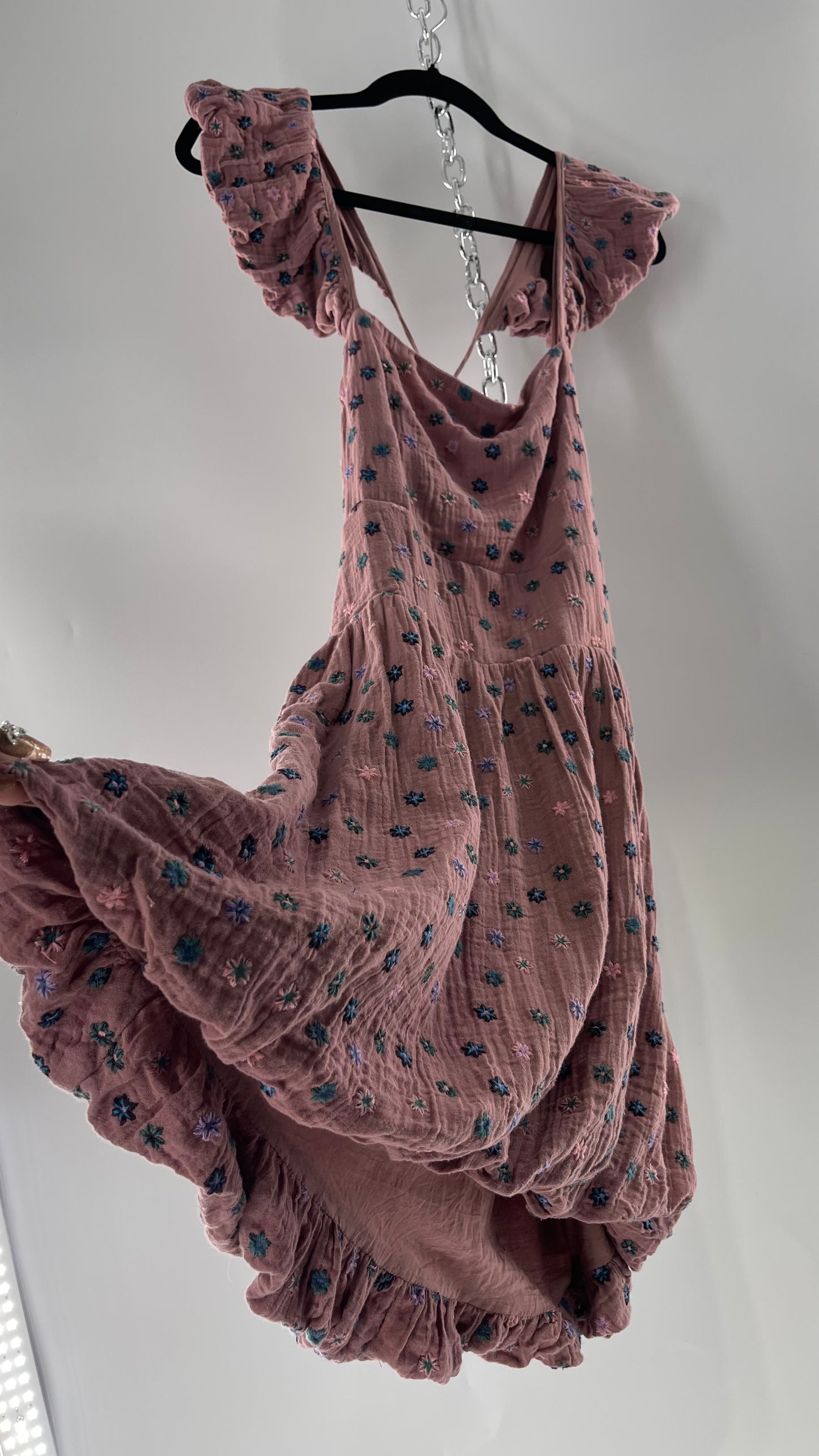 Free People Dusty Pink Embroidered Flowers Backless Mini Dress (Small)