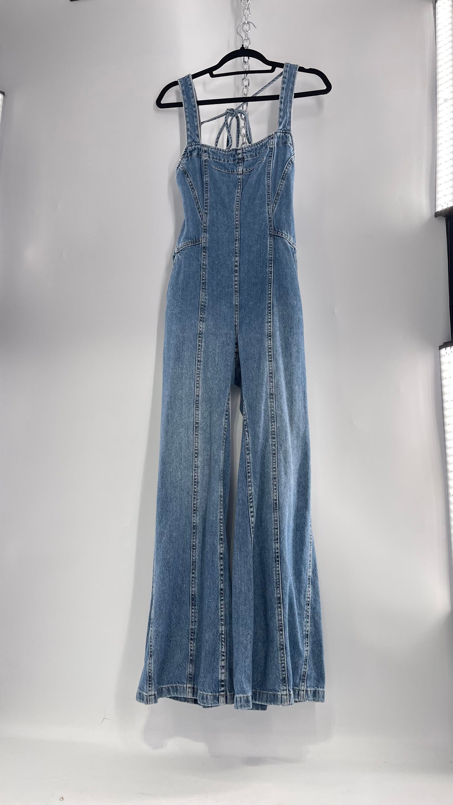Free People Denim Backless Wide Leg Jumpsuit with Tags Attached (Small)