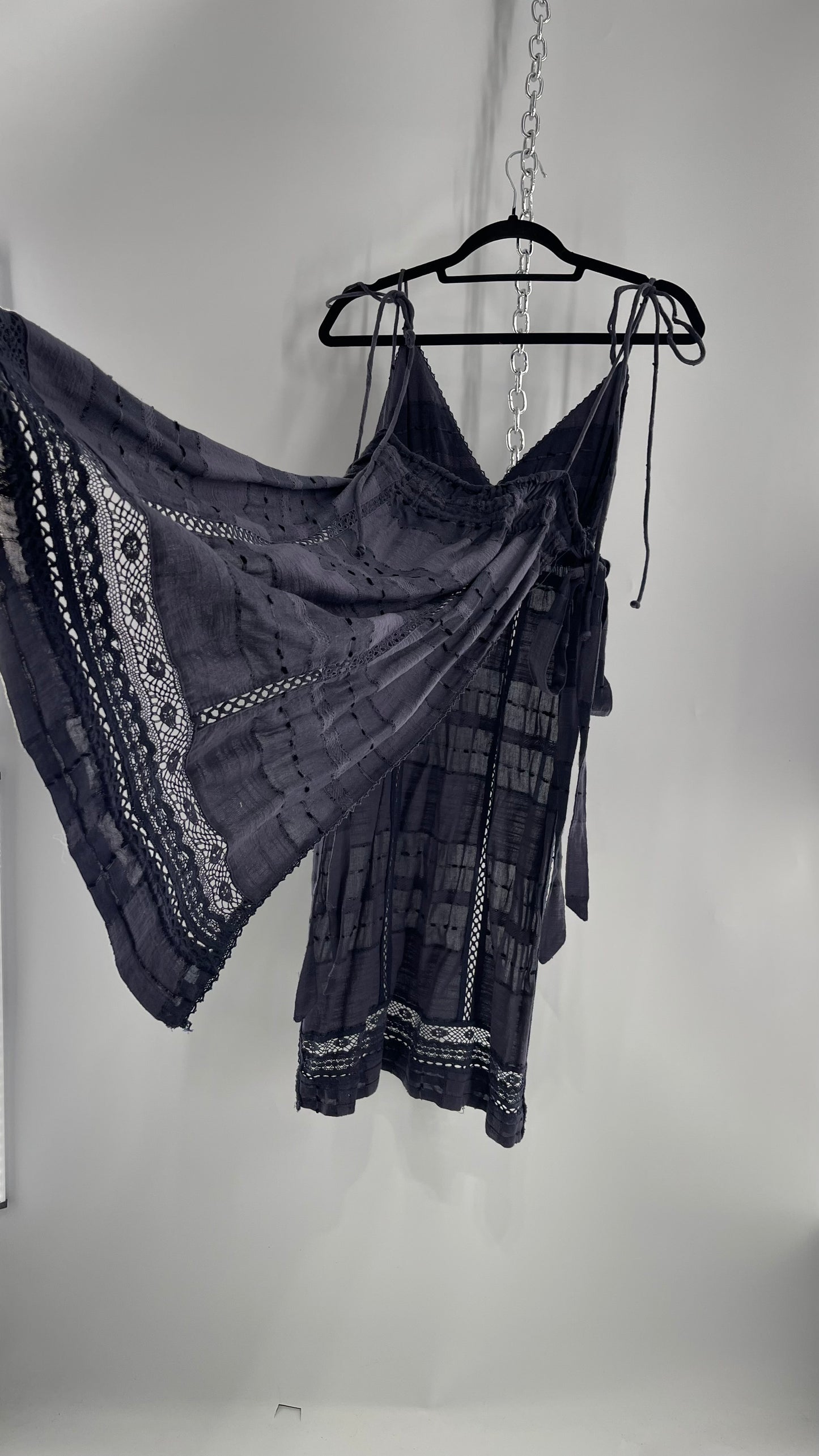 Free People Navy Blue Cotton Lace and Embroidered Open Tie Side Dress (M)