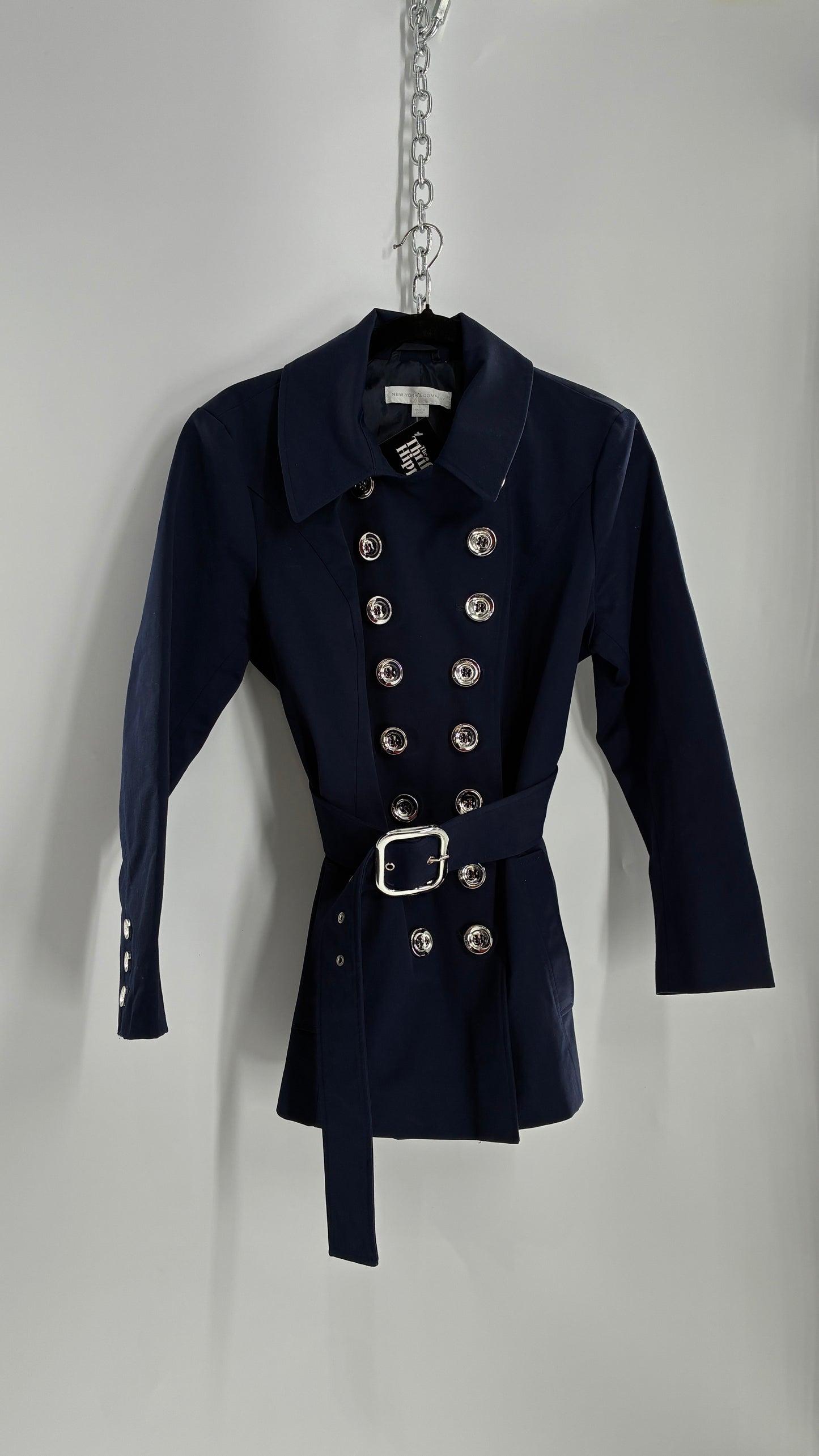 New York & Company Deep Navy Coat with Double Breasted Silver Buttons and Oversized Silver Buckle (Large)