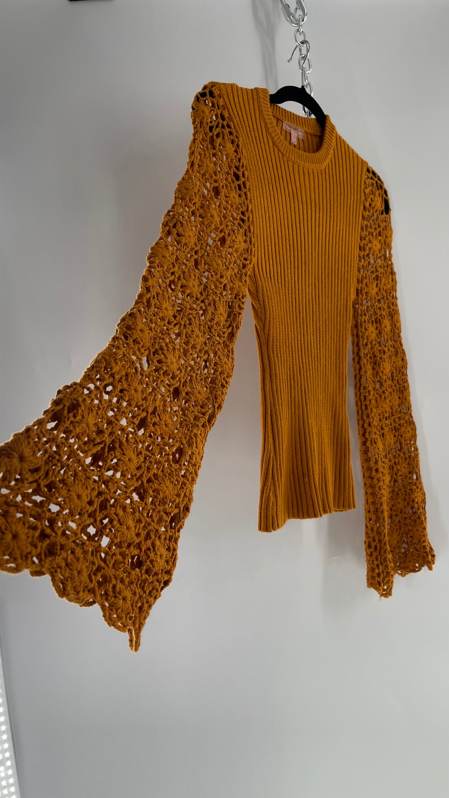 Love Colétte Mustard Sweater with Crochet Bell Sleeve (Large)