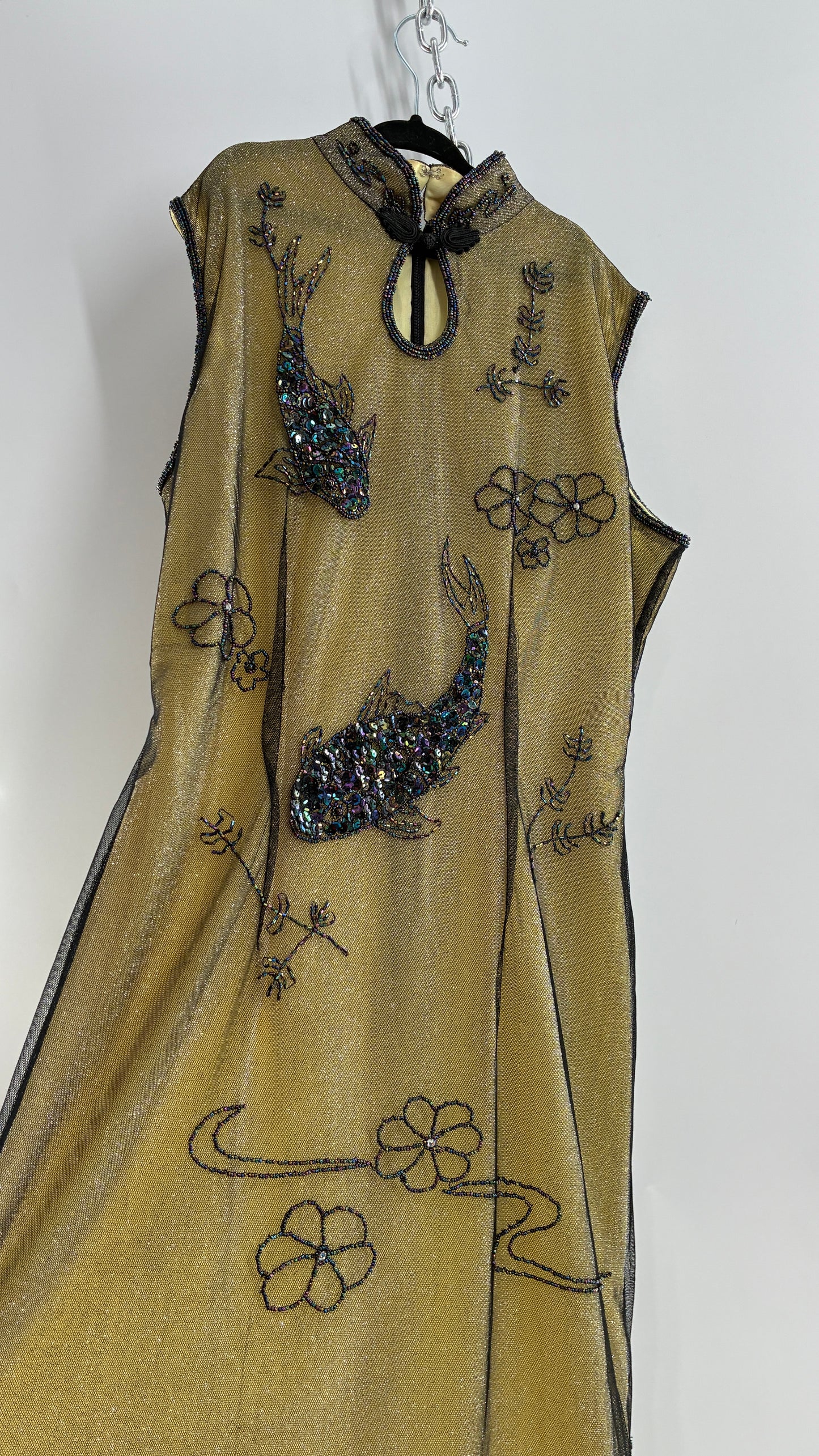 Vintage 1990s One of a Kind Handmade, Green Gown with Beaded Koi Fish, Metallic Tulle Overlay, and Symmetric Back (Medium)