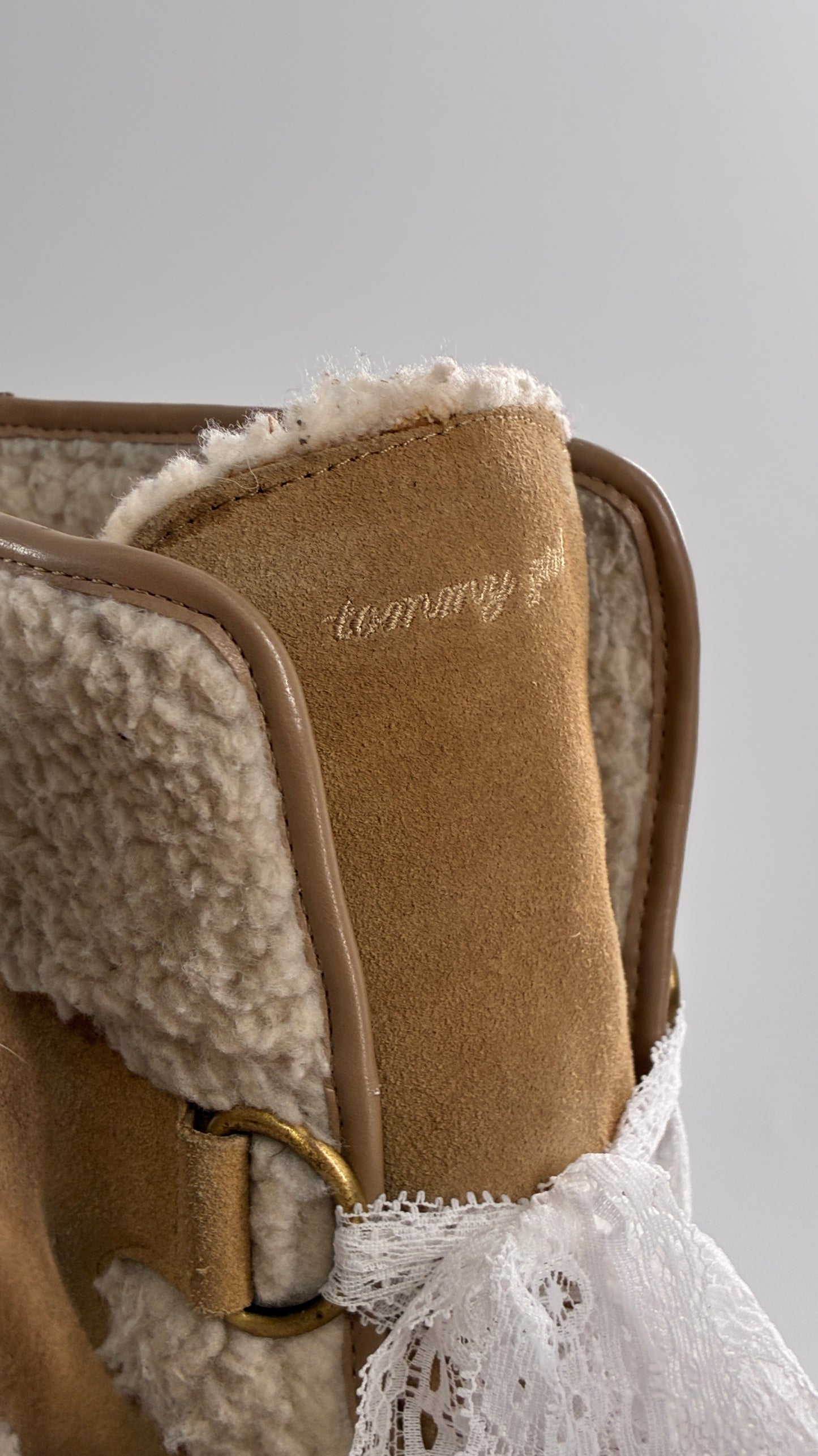 Vintage TOMMY GIRL Suede Leather Wedge Heels with Sherpa Details and Lace Trim Laces (8)