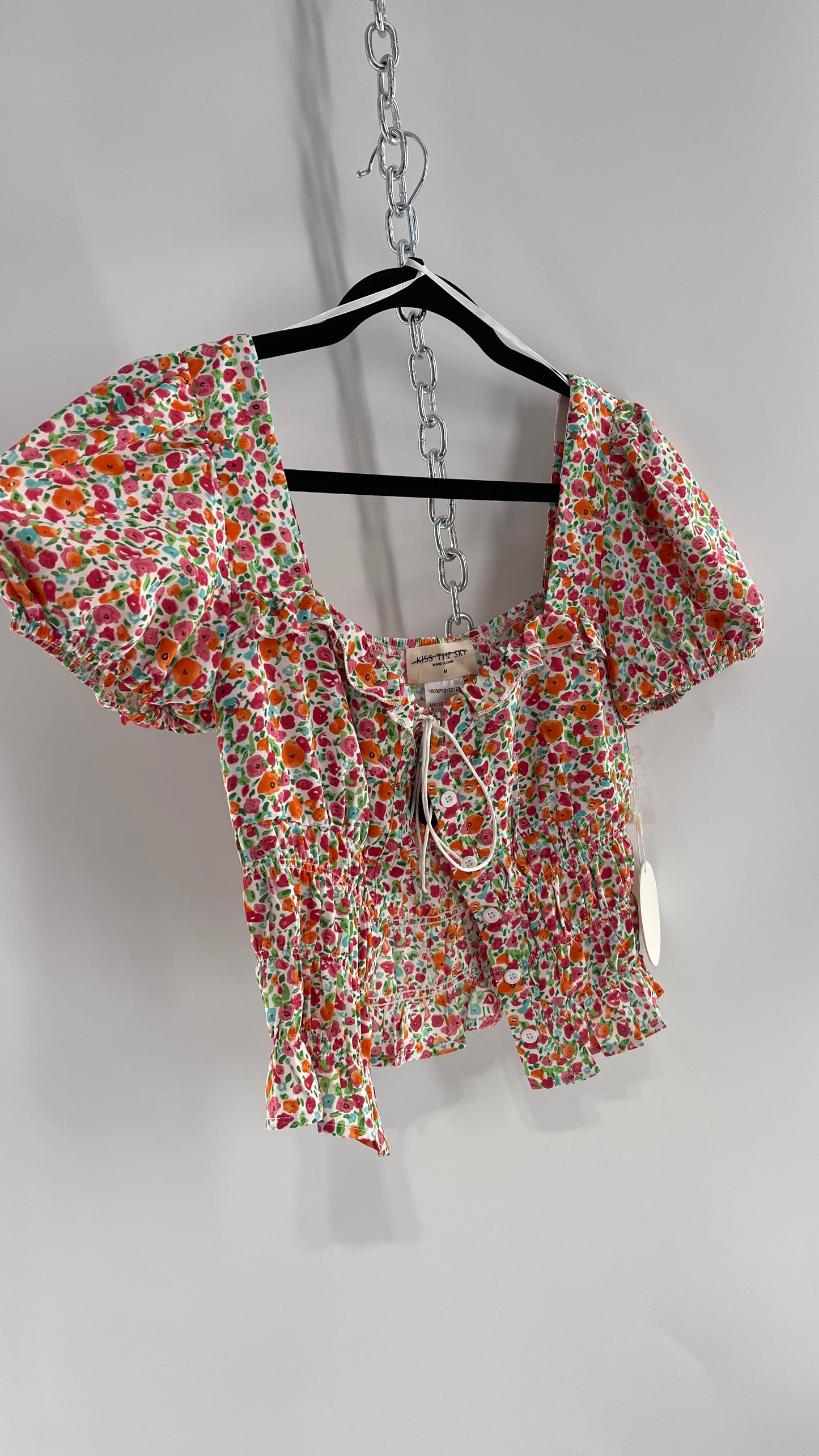 Free People Kiss The Sky Ribbon Bust Floral Prairie Top (Medium)