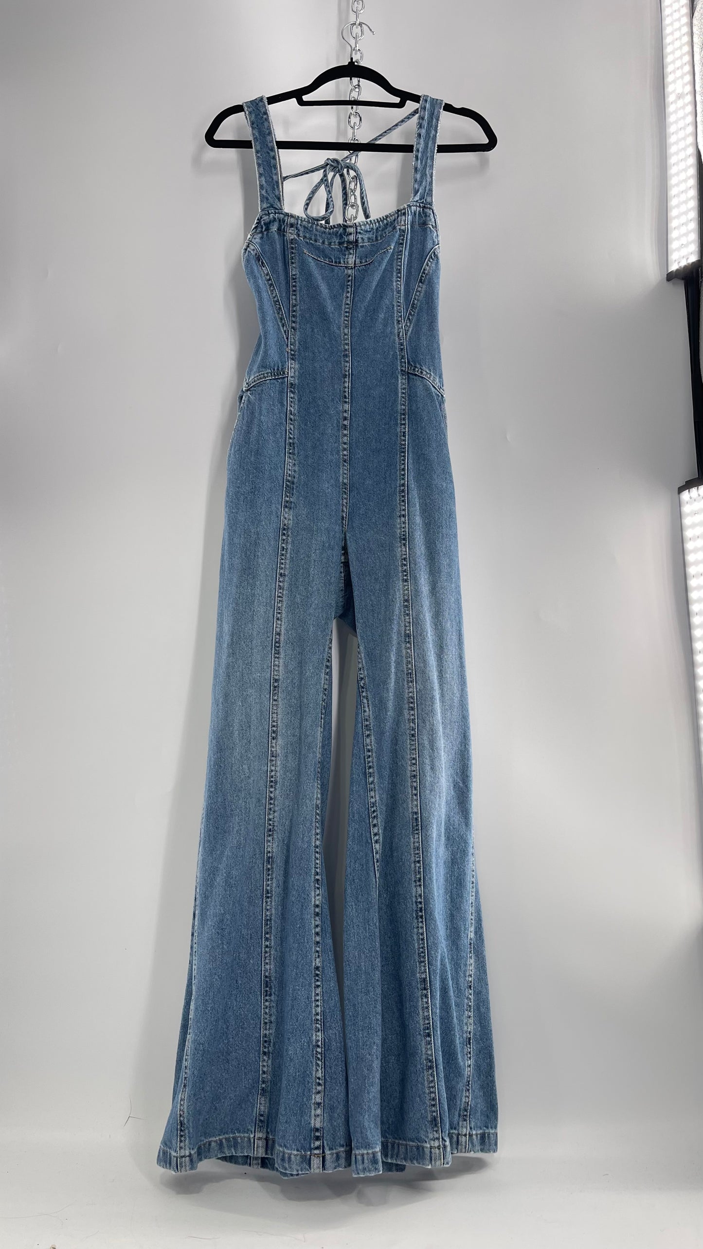 Free People Denim Backless Wide Leg Jumpsuit with Tags Attached (Small)