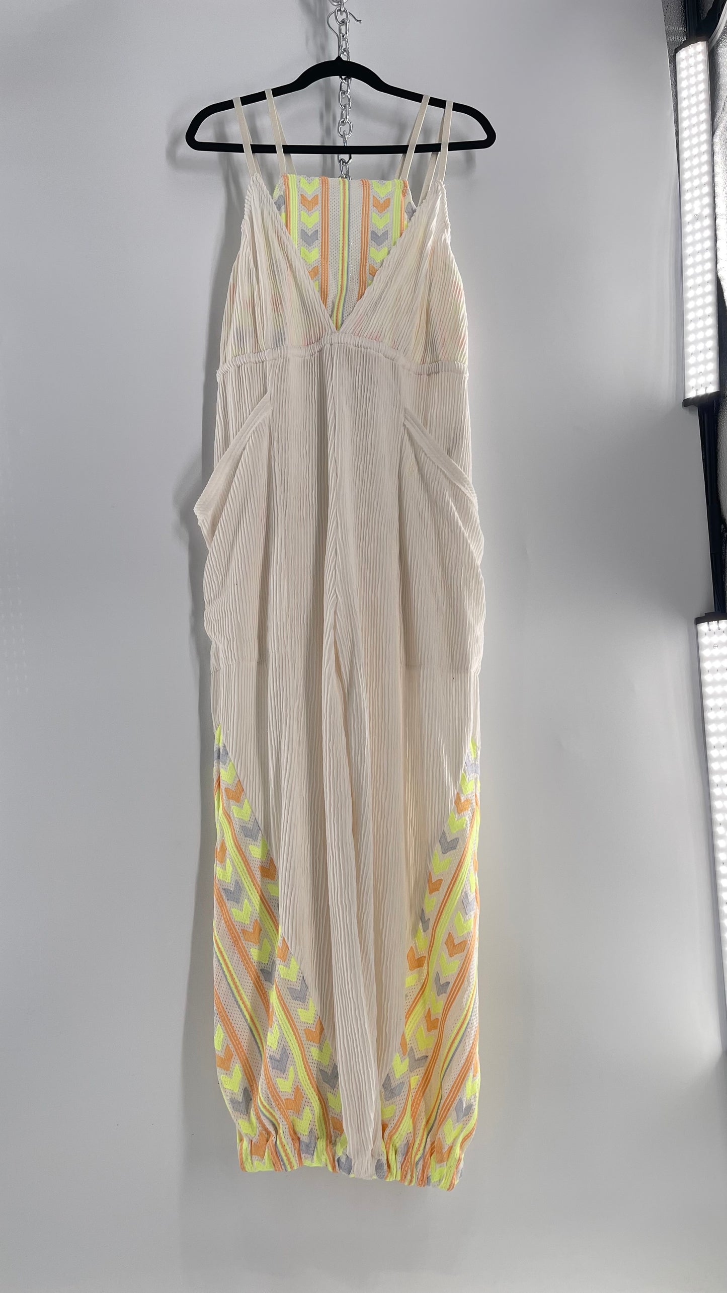 Free People Movement Cream Ribbed Jumpsuit with Yellow/Orange Embroidered Details and Waist Cinching Drawstring (Small)