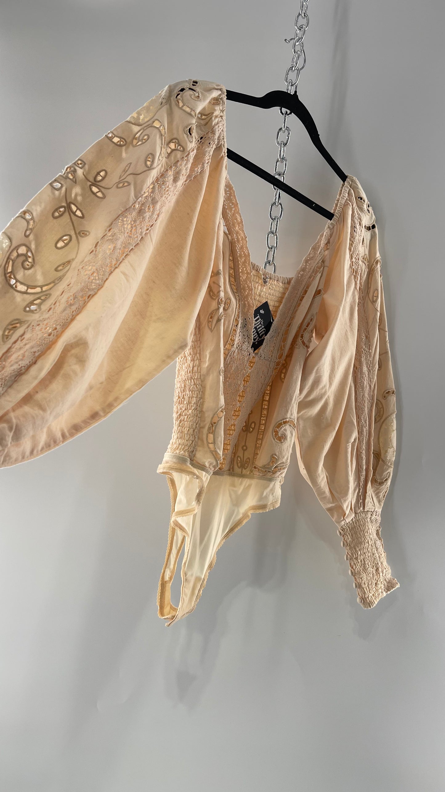 Free People Off White Cotton Bodysuit with Embroidered Lace Balloon Bishop Sleeve and Smocked, Buttoned Cuffs (Large)