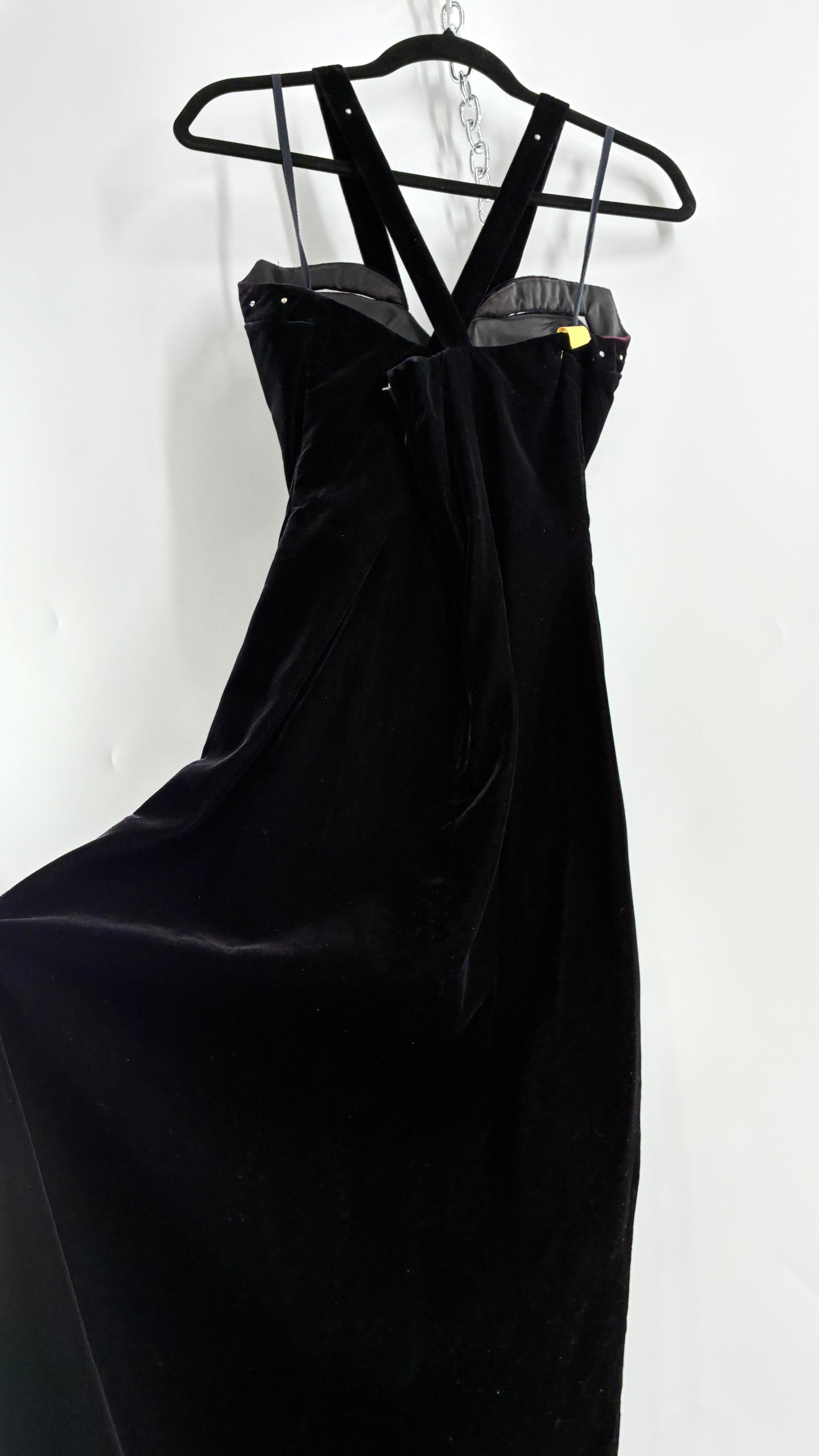 Vintage Handmade Velvet Gown with Pointed Bust Lined in Rhinestones and Dramatic Side Slit (S/M)