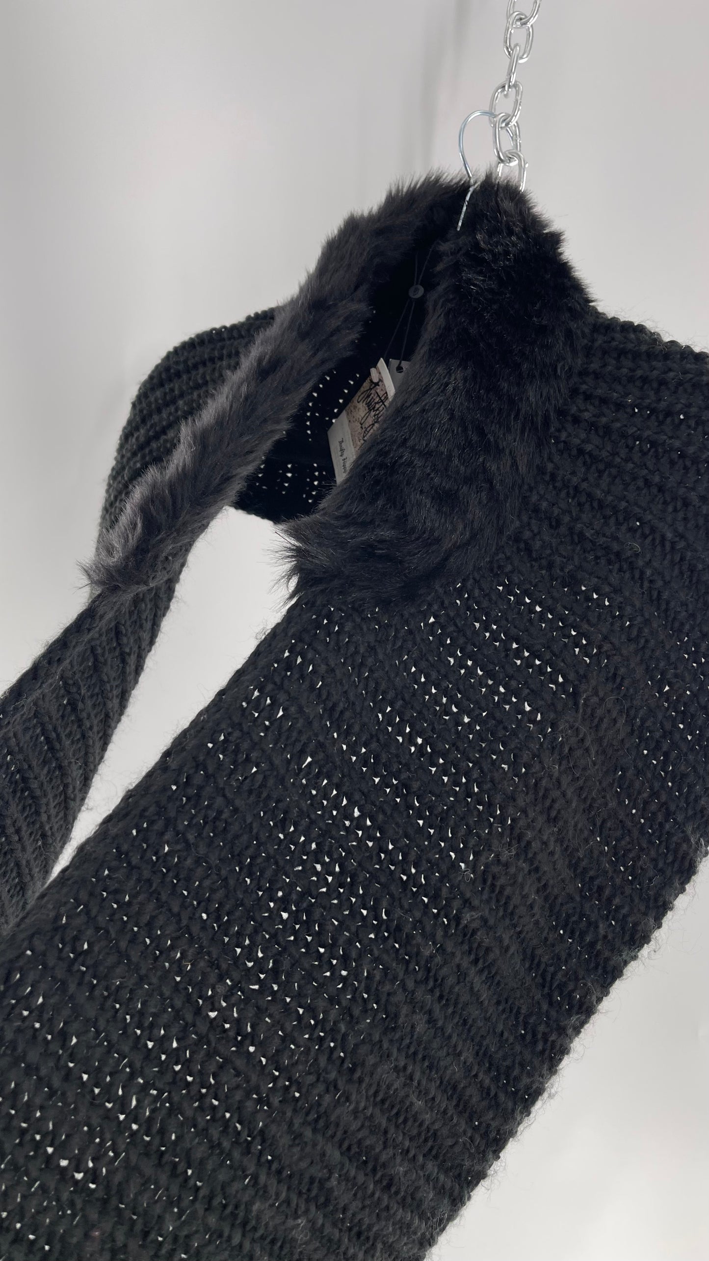 Comma Black Knit Infinity Scarf with Fur Trim Collar and Tags Attached