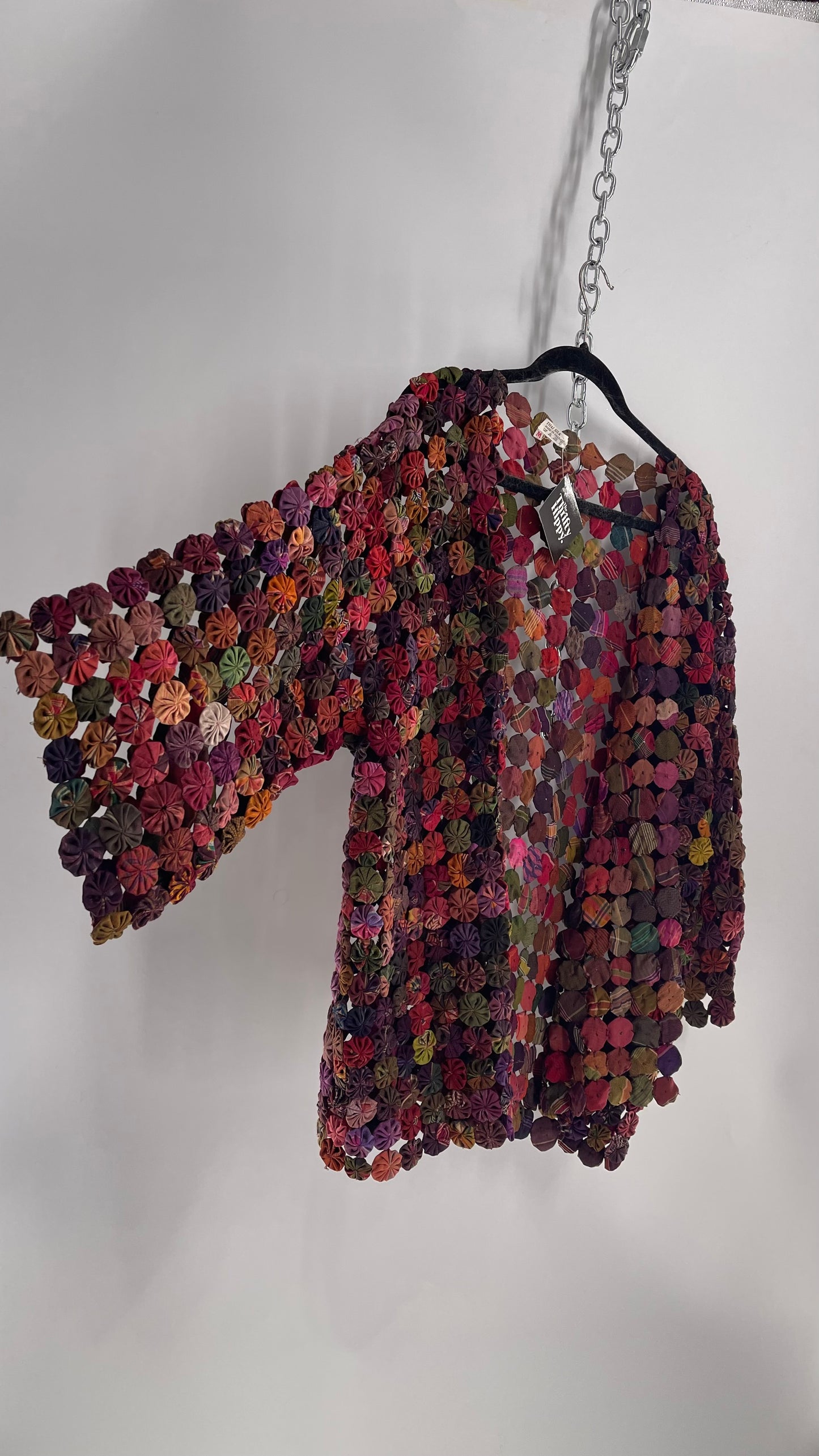 Vintage Handcrafted Multicolored Print Yo-Yo Quilt Kimono Sleeve Jacket, 1970s Thai 100% Silk