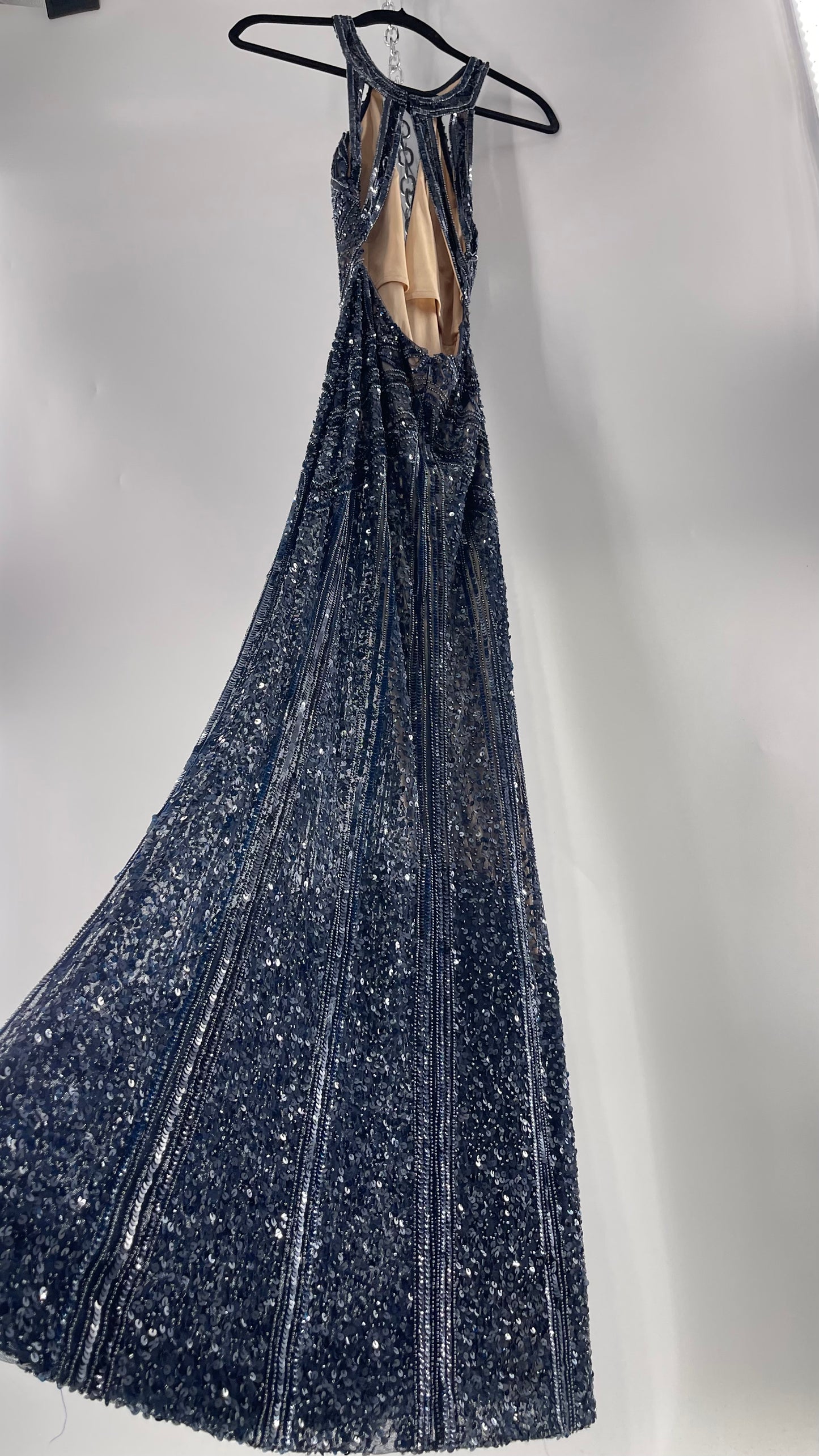 Vintage SCALA Navy Blue Beaded Floor Length Gown with Plunging Neckline, Backless Detail, and Tan Underlay (C)(4)