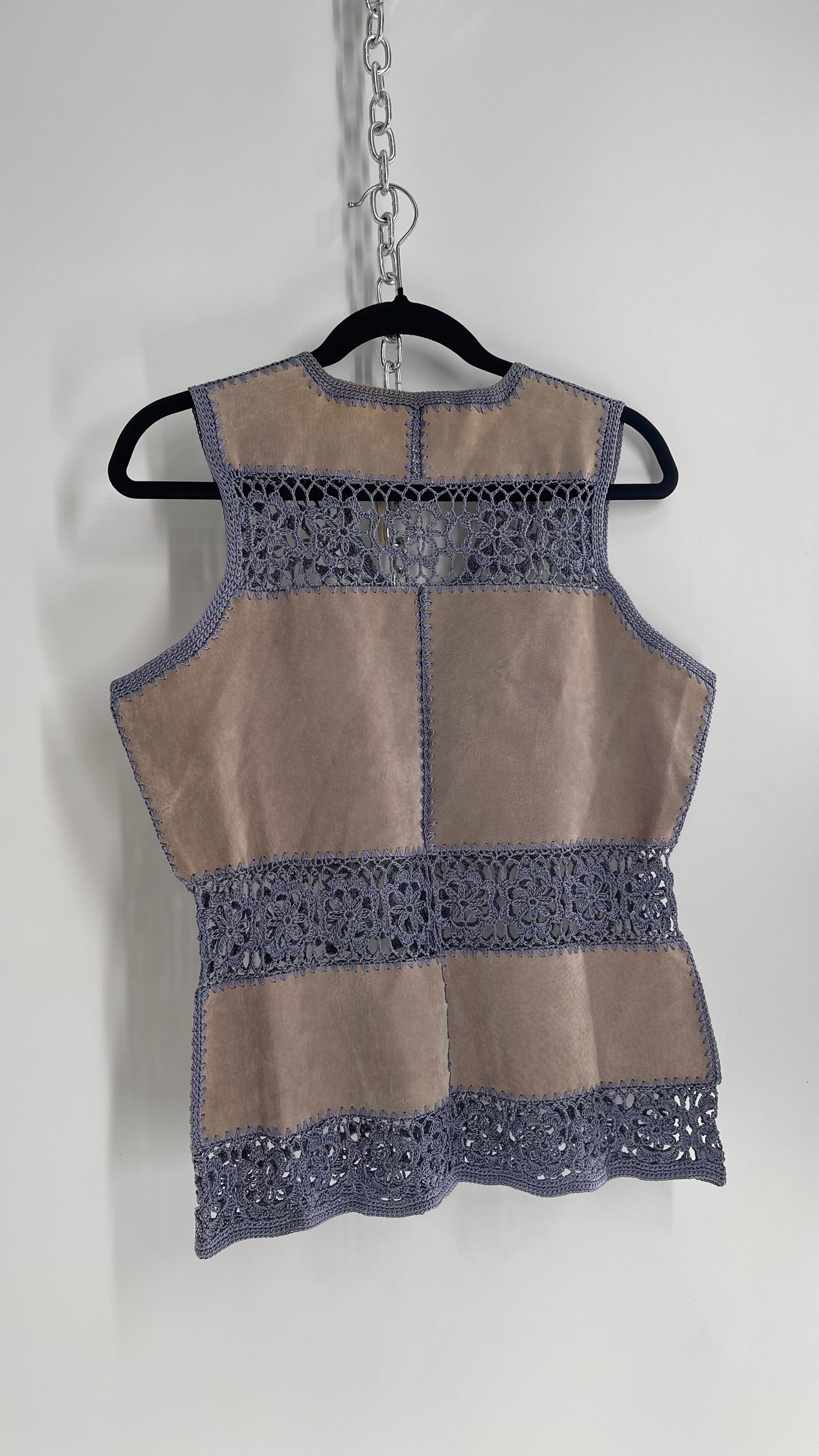 Vintage Grey Suede Leather and Blue Crochet Vest Top (Small)