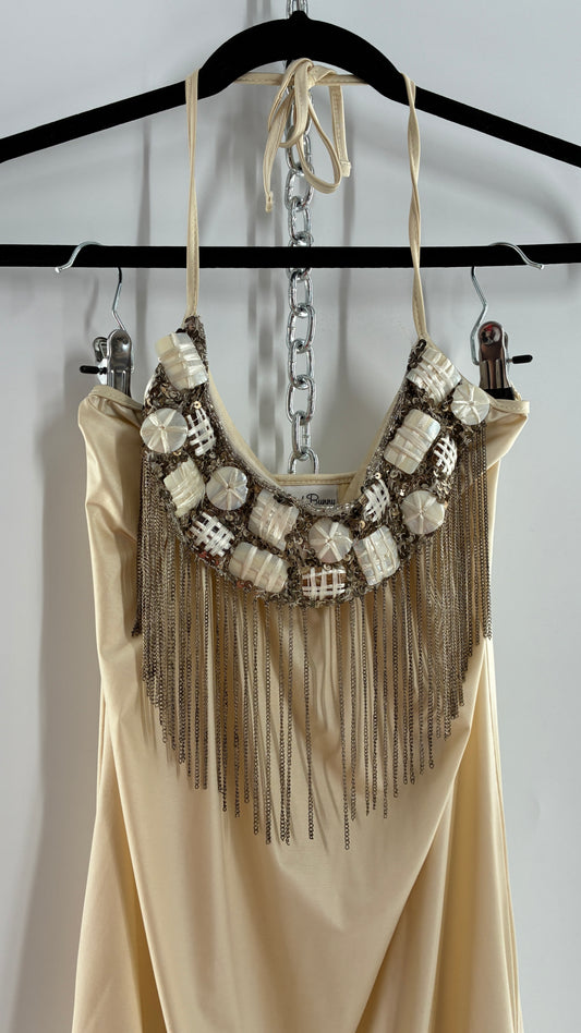Beach Bunny Ivory Lycra Balloon Hem Mini Dress with Exaggerated, Beaded and Metal Chain Neckline (Small)