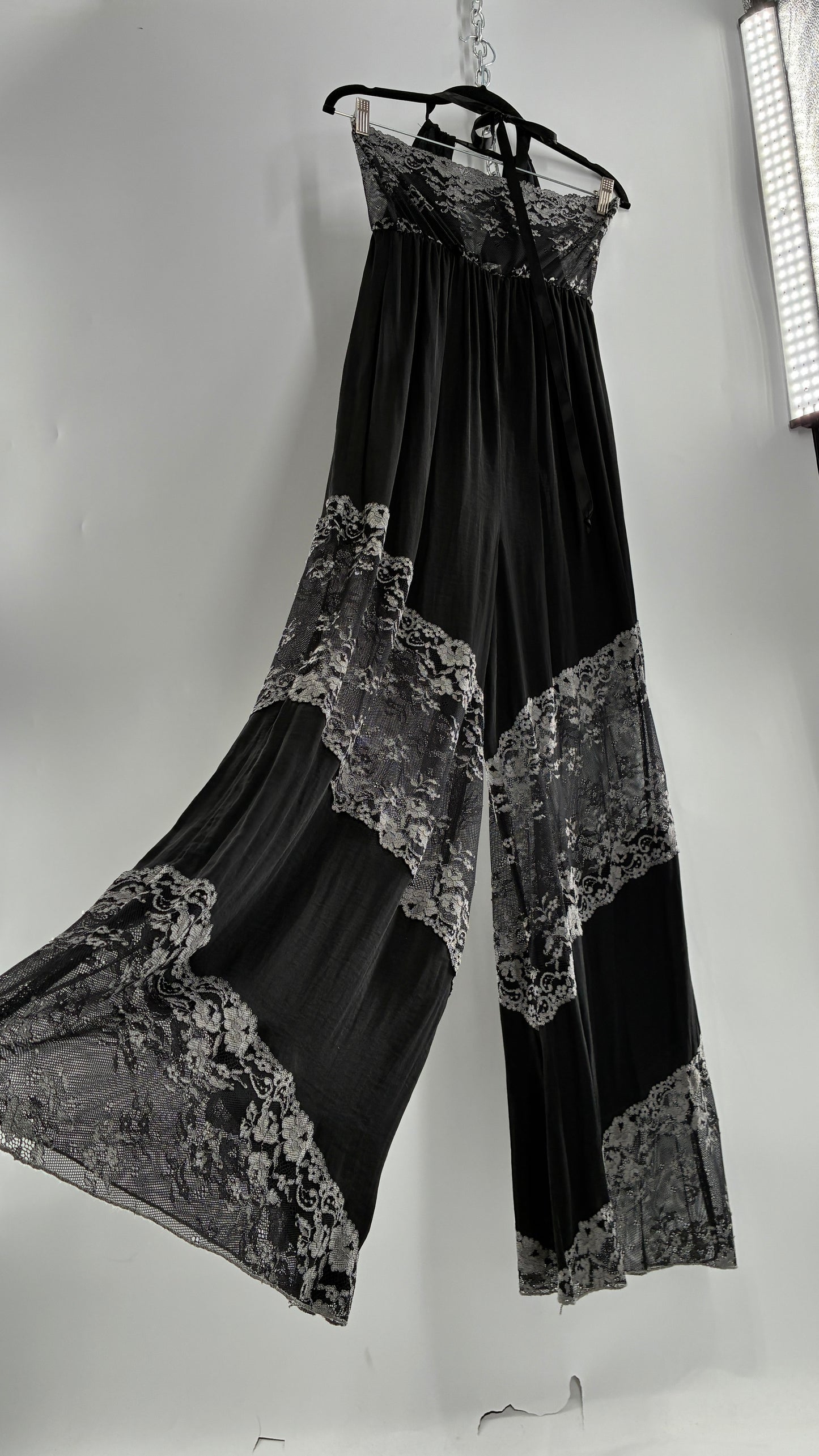 Free People Silky Black Jumpsuit with Grey Lace Paneling and Bandeau (S)