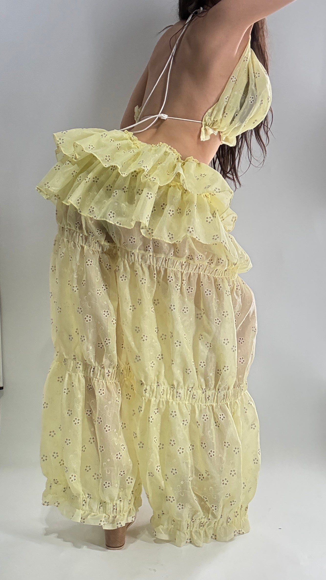 Vintage Handmade 2pc Baby Yellow Set with Tiered Pants, Ruffled Bum, and Floral Eyelet Pattern (XS-M)