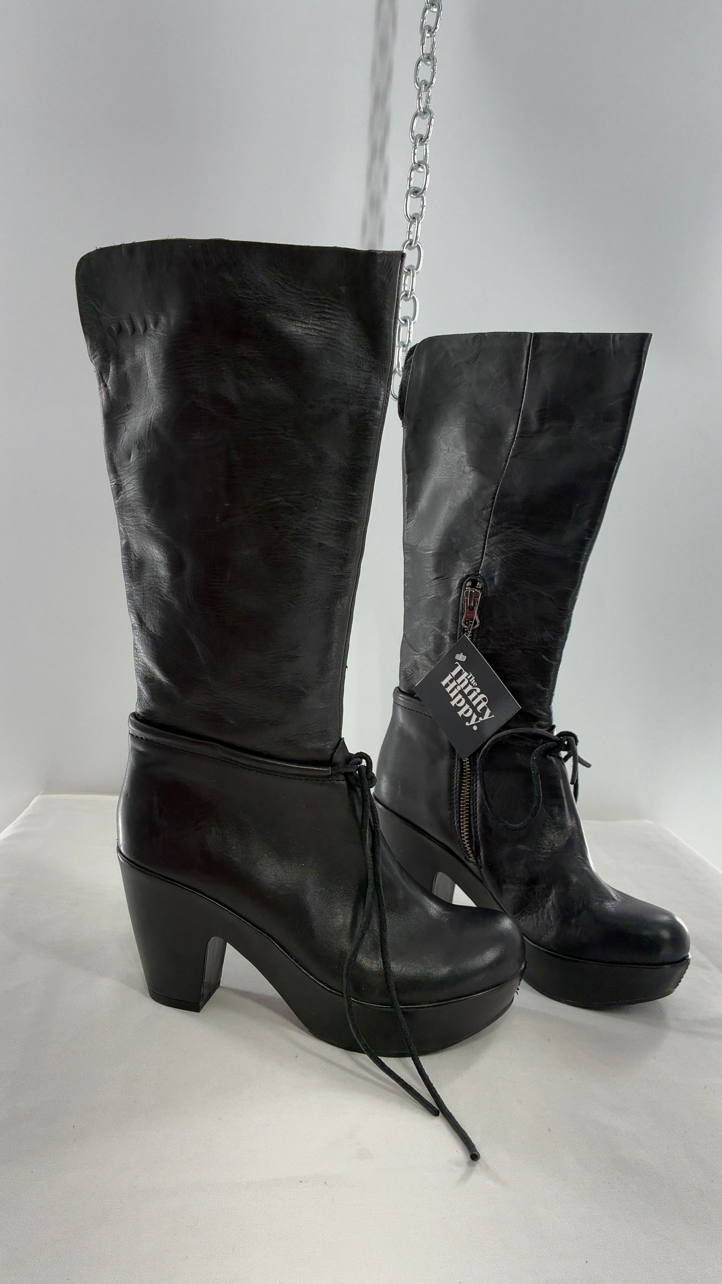 Vintage KORK EASE Black Genuine Leather Platform Clog, Knee High Boots (8/39)