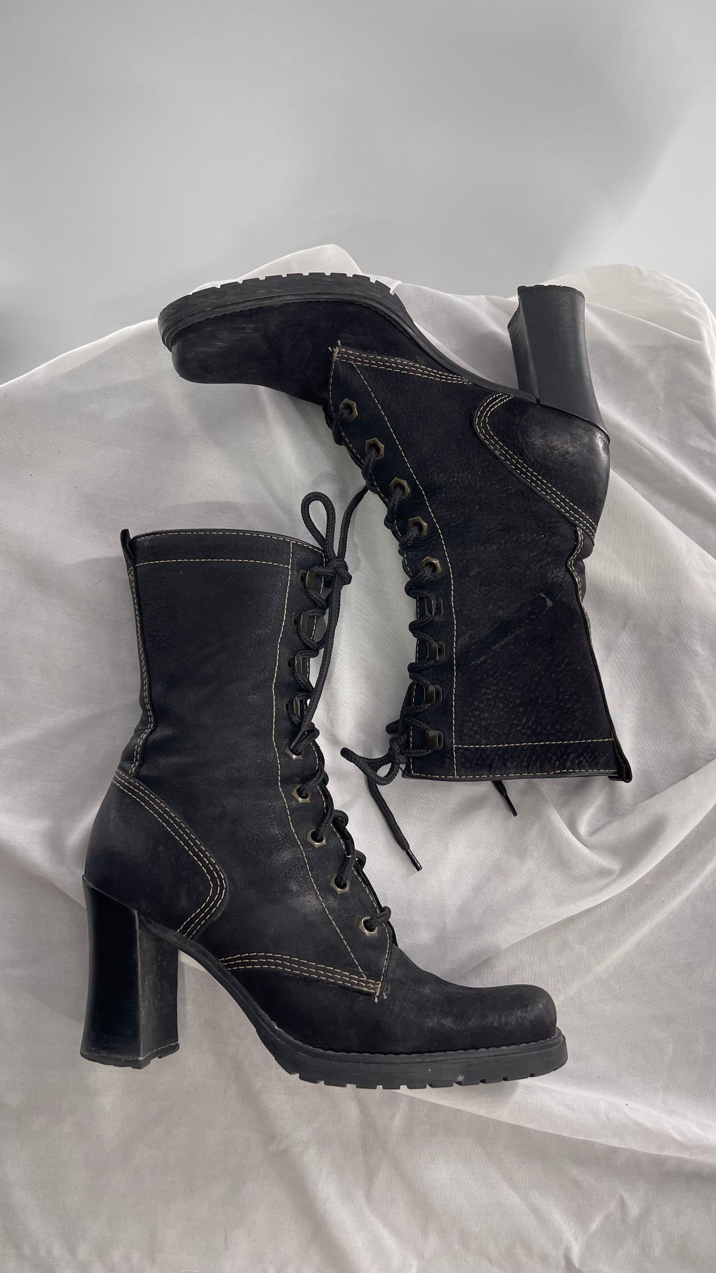 Vintage Nine West Leather Black Lace Up Combat Boots (7)