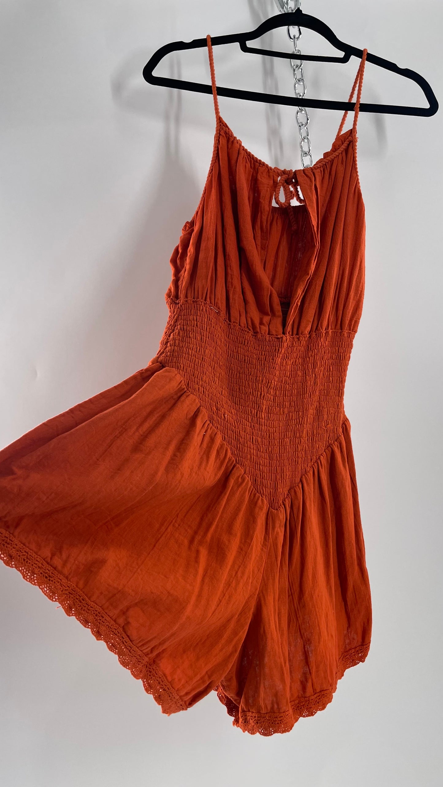 Free People Burnt Orange Smocked Pointed Waistline, Open Bust Jen’s Pirate Booty Romper Tags Attached 100% Cotton(XL)