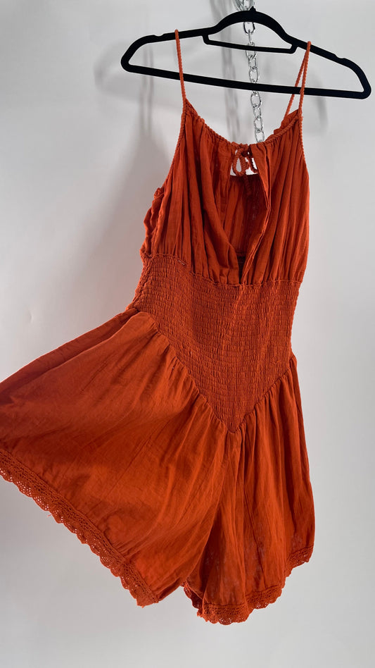 Free People Burnt Orange Smocked Pointed Waistline, Open Bust Jenās Pirate Booty Romper Tags Attached 100% Cotton(XL)