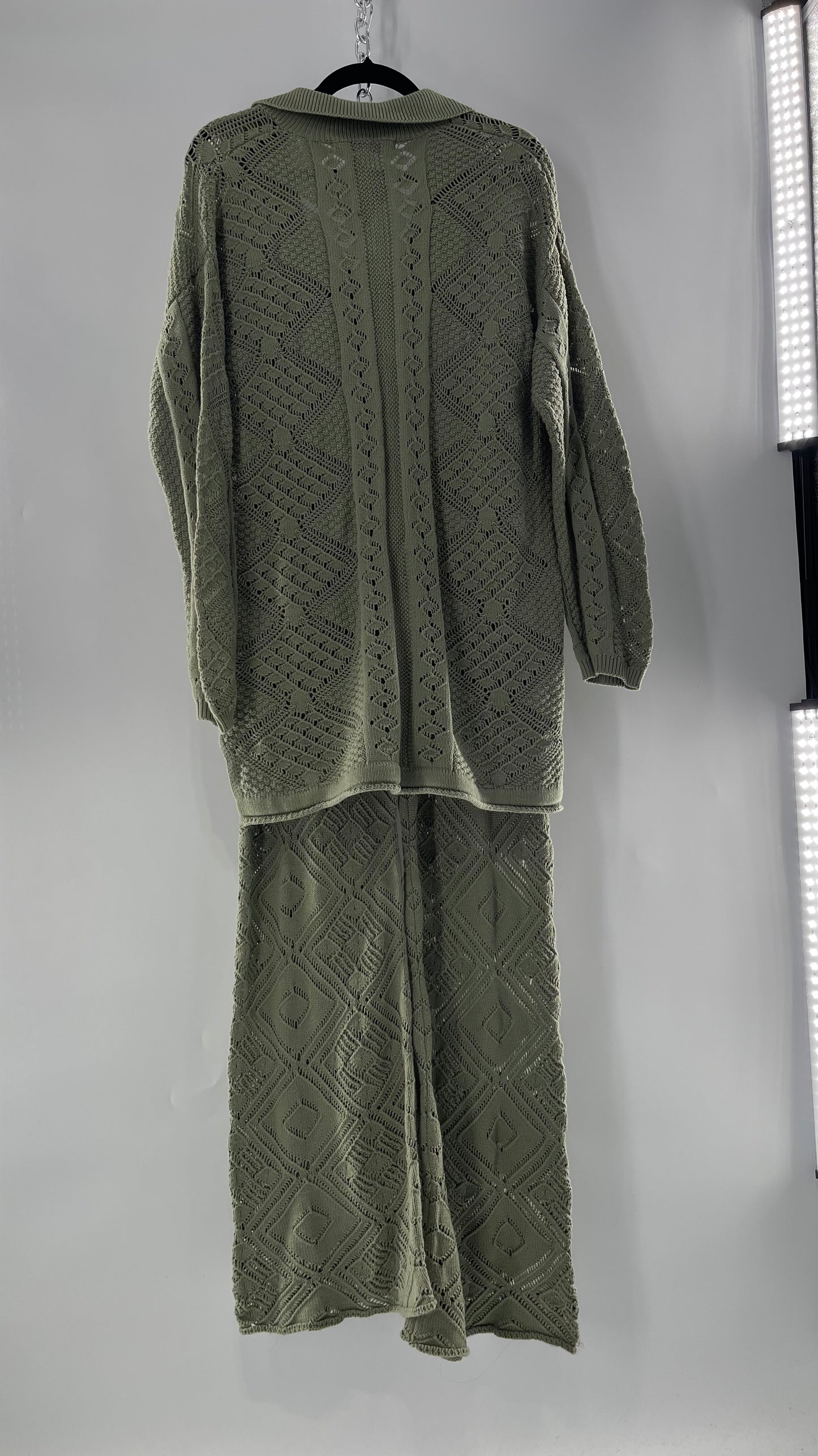 Free People Beach Sage Green Crochet Wooden Button Front Cardigan and Wide Leg Set (Medium)