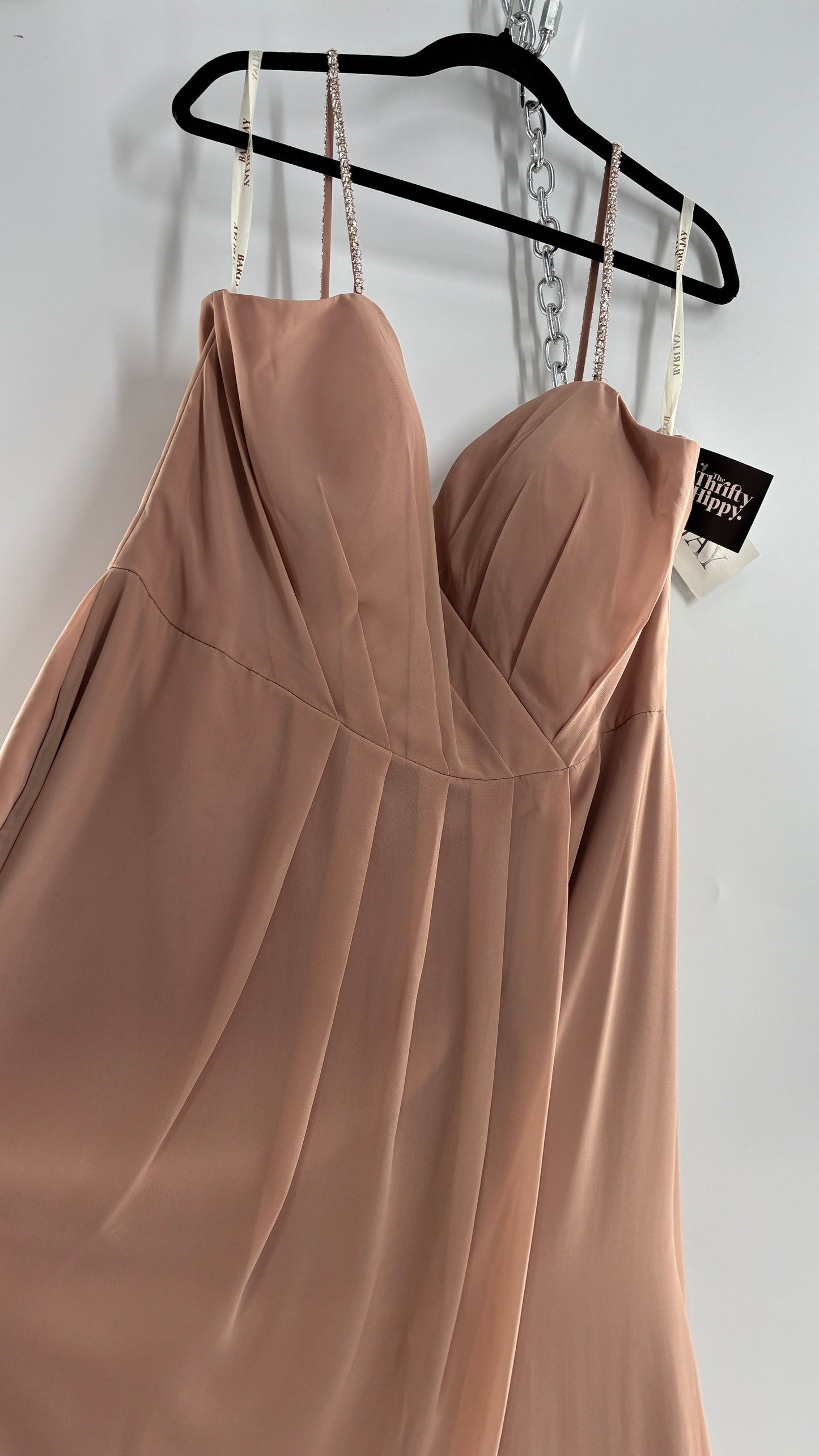 Vintage BARI JAY Nude/Blush Pink Full Length Dress with Embellished Straps and Side Slit Detail (16W)