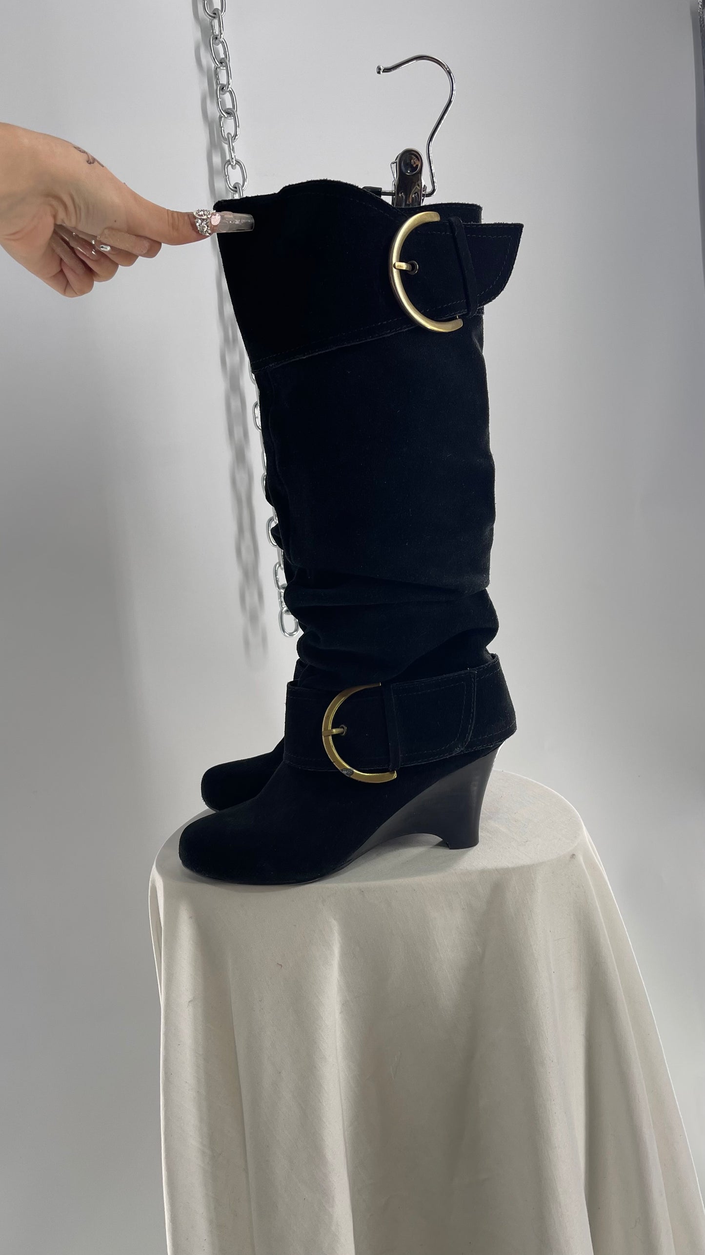 Naughty Monkey Black Suede Wedge Boot with Gold Buckle (7)