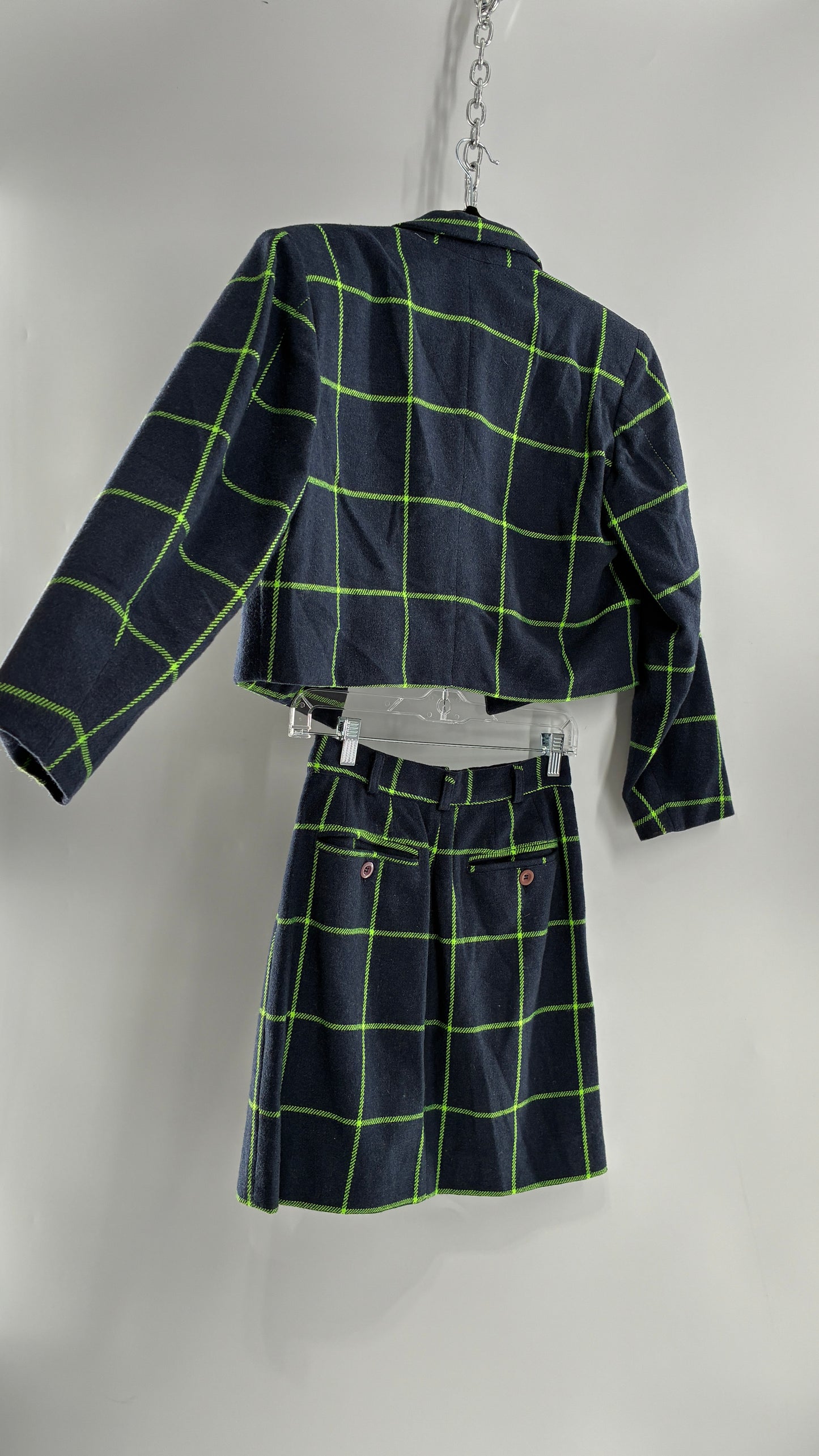 Vintage FIORUCCI GANG Navy and Neon Green Plaid Suit Set with Cropped Blazer and Mini Skirt (40,42)