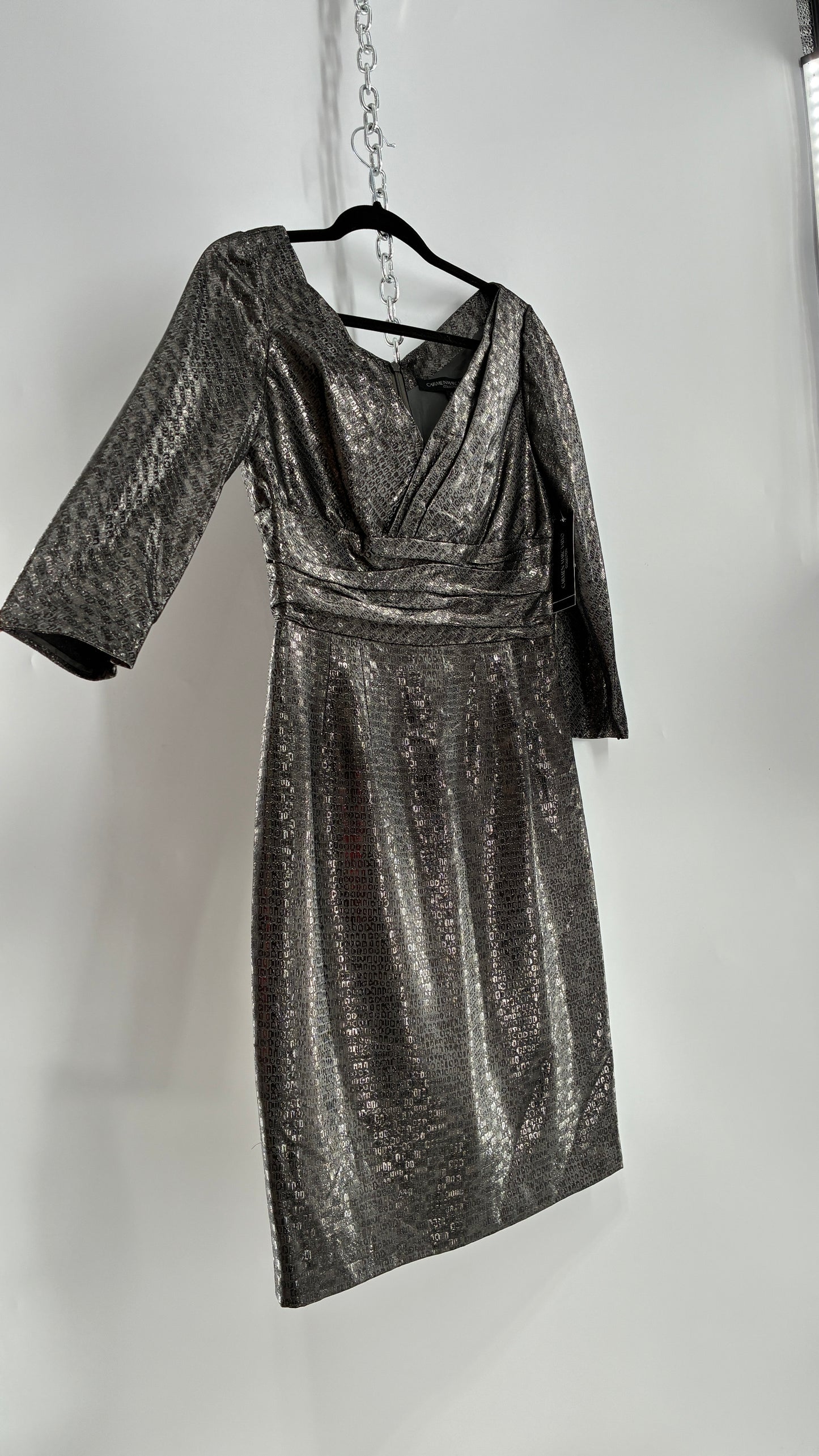 Vintage CARMEN MARC VALVO Metallic Liquid Silver Dress with Tags Attached (6)