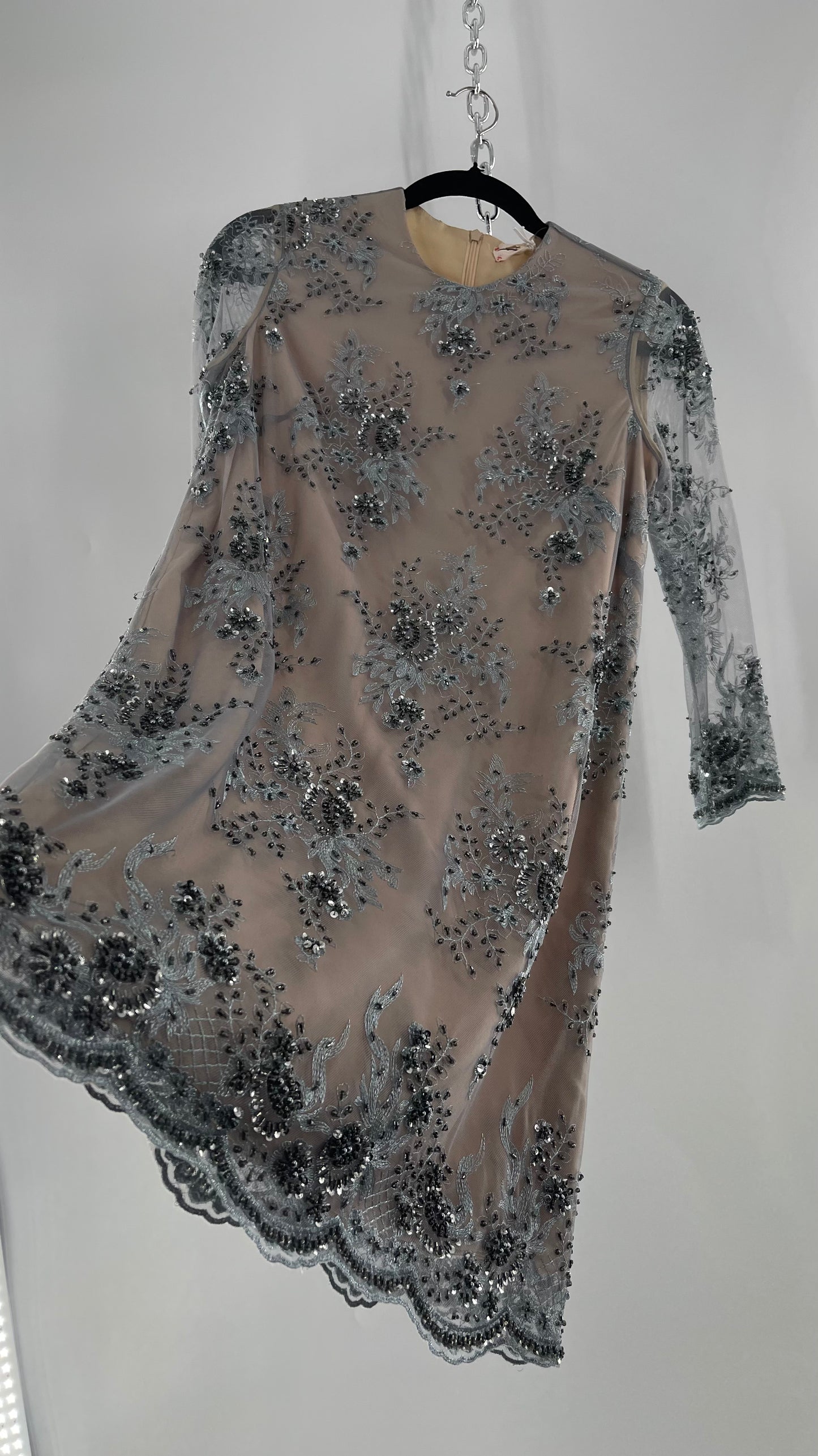 Koravilas Anthropologie Grey Mesh Embroidered Lace Long Sleeve Beaded Dress (4)