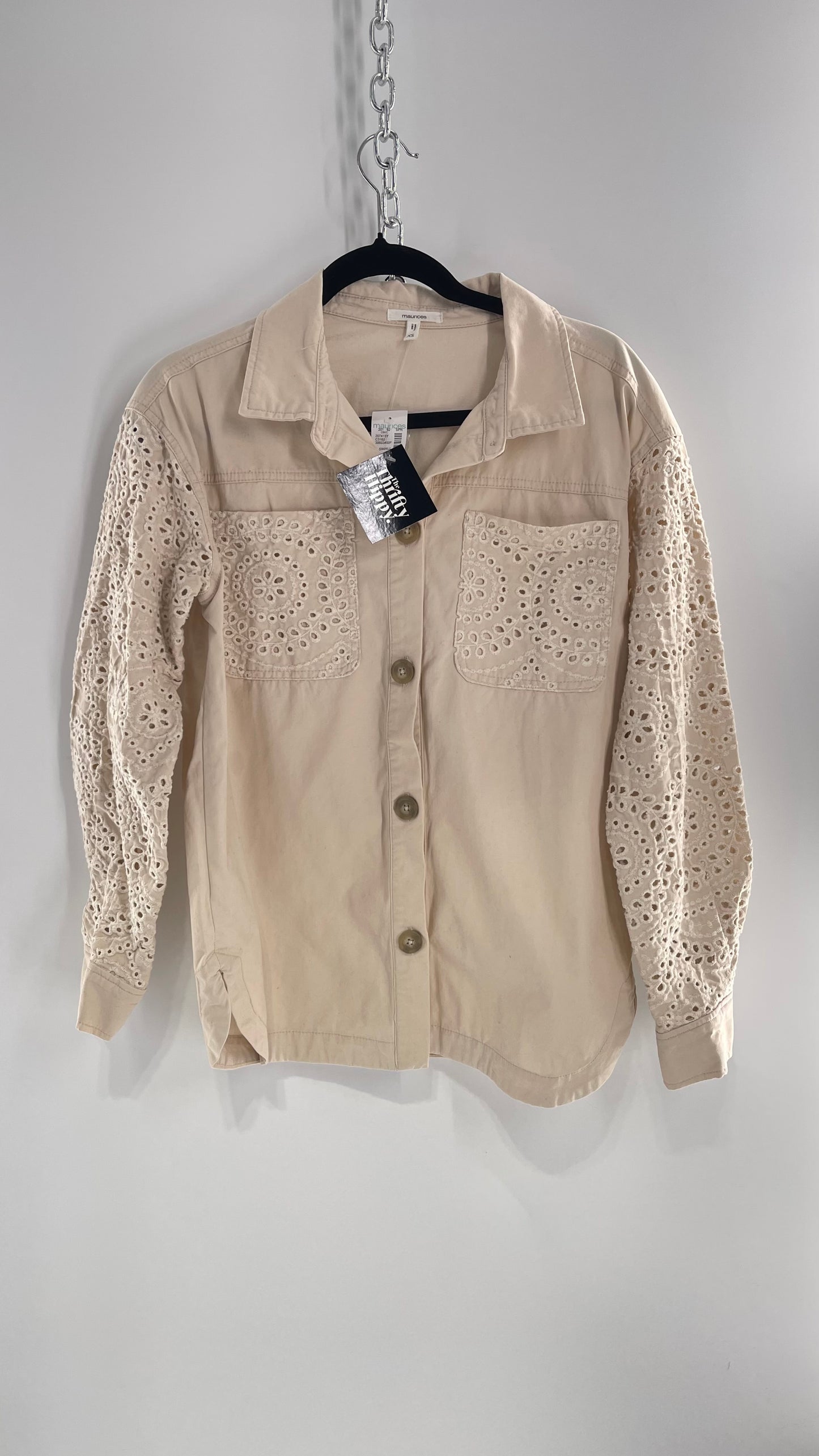 Maurices Anthropologie Beige Cotton Button Up with Eyelet Lace Sleeves and Pockets with Tags Attached (XS)
