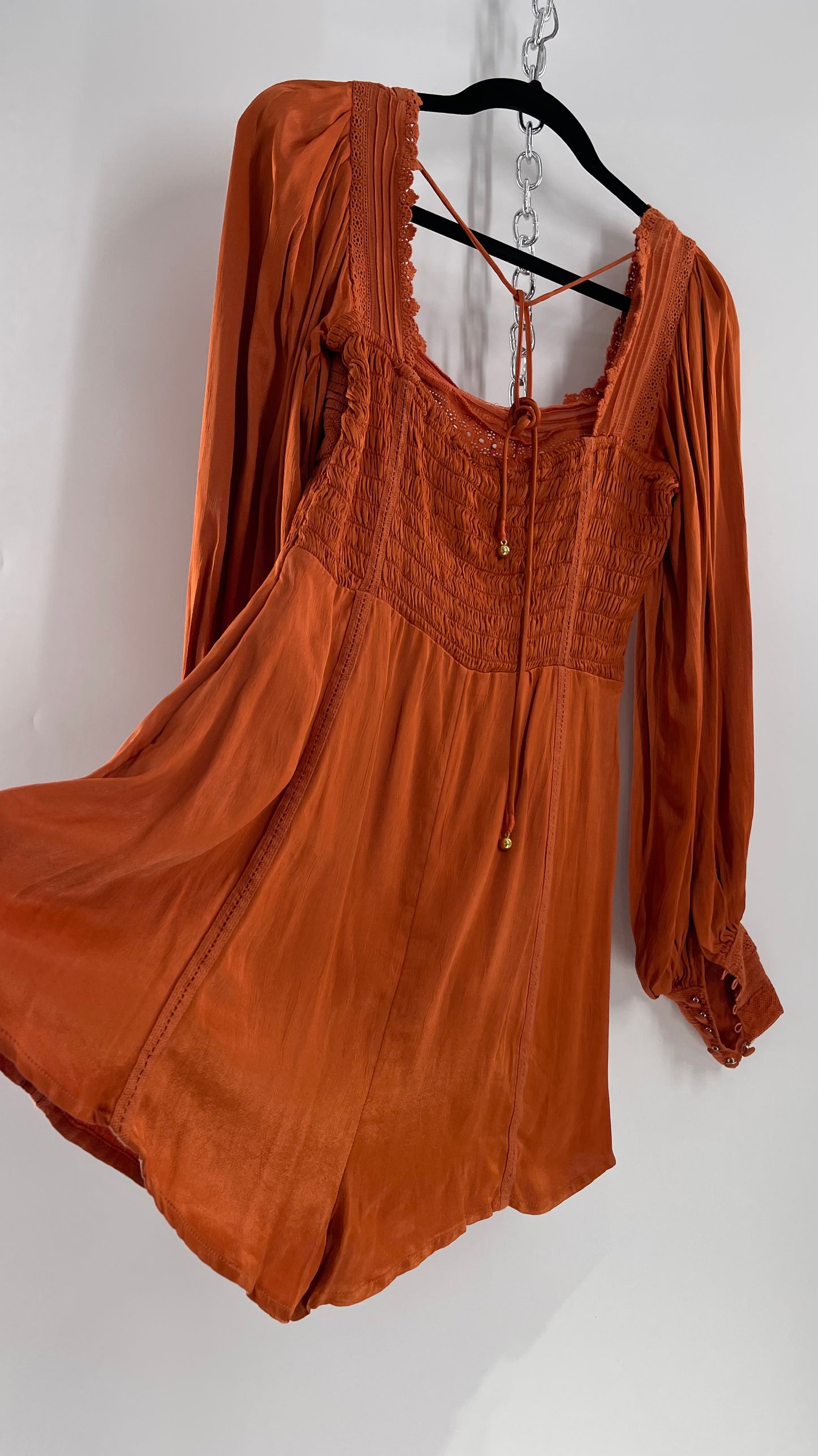 Free People Silky Orange Romper with Buttoned Sleeve Cuffs, Balloon Sleeves and Pleated Lace Bust (2)