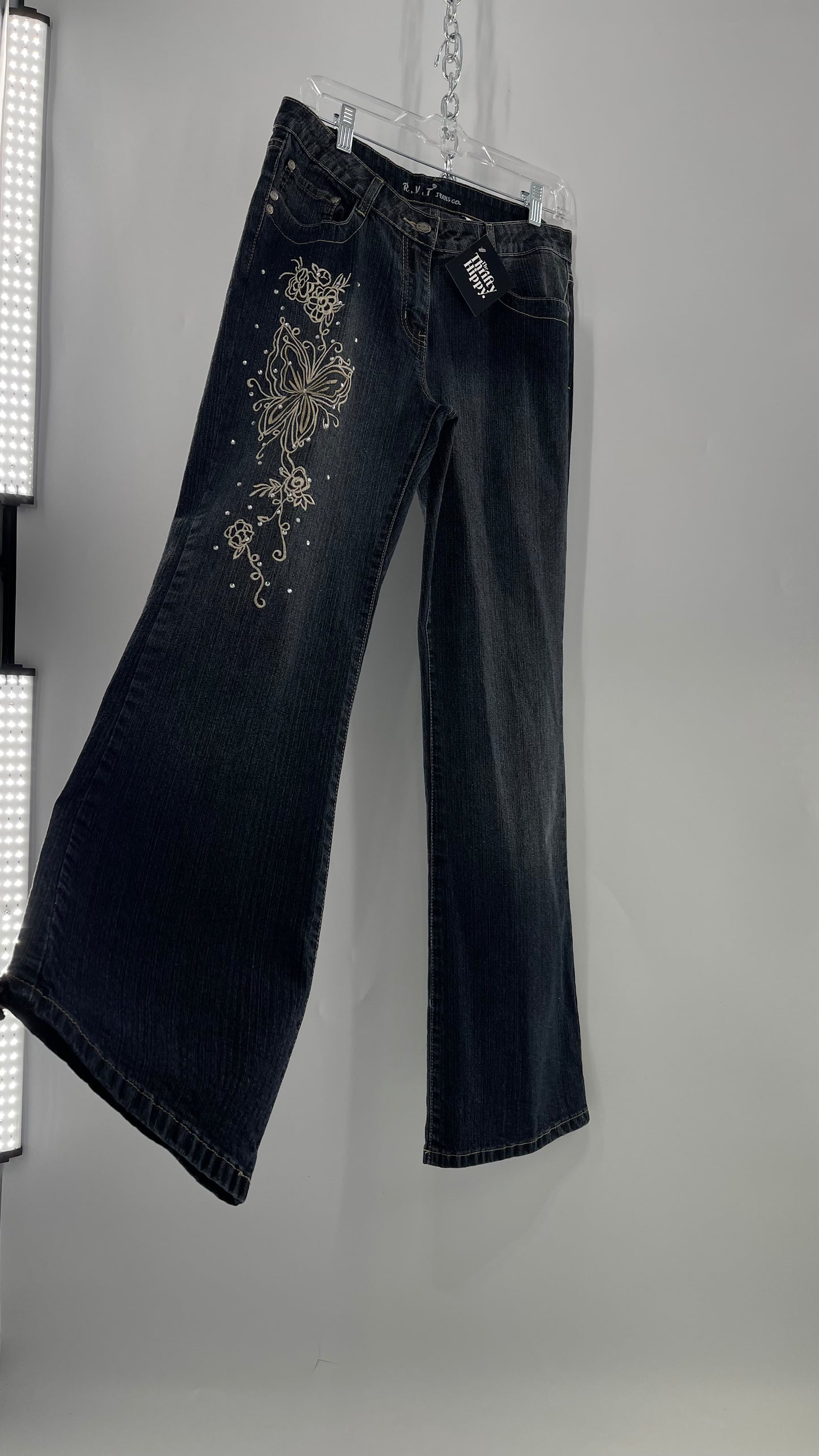Vintage RVT Grey Kickflare Jeans with Butterfly Embroidery and Rhinestone Embellishment (9/10)